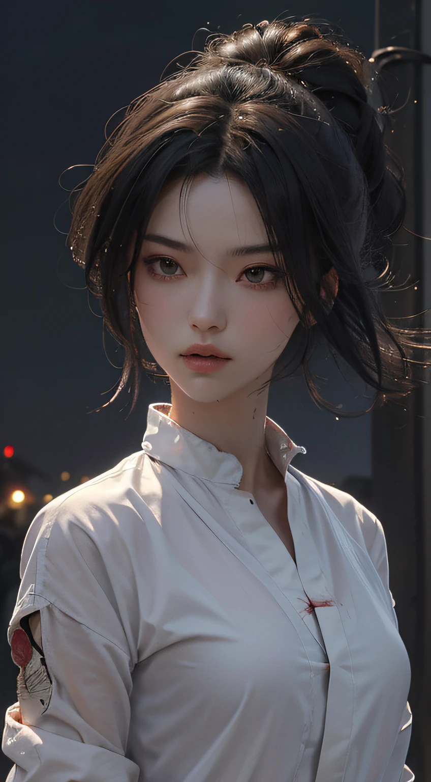 ((Best Quality, 8K, Masterpiece: 1.3)), Sharp: 1.2, Perfect Body Beauty in the Rain: 1.4, Wet Body Slim Abs: 1.2, ((Layered Hairstyle, Medium: 1.2)), ( Wet white button-down long shirt: 1.1), (tank, street: 1.2), wet: 1.5, highly detailed face and skin texture, detailed eyes, double eyelids, close-up of a man holding a sword before the full moon, very beautiful cyberpunk samurai, she holds a katana, inspired by Kogai Kano, female samurai, katana, holding a big sword, demon samurai, from the night of the ark, demon samurai warrior, she holds a sword, Kunoichi, dramatically-wielding katana pose, (ultra: 1.4) hair with traces left by rain. In the dark night, with lightning and thunderstorms! Running barefoot, there are already wounds and blood on the arms on the body,