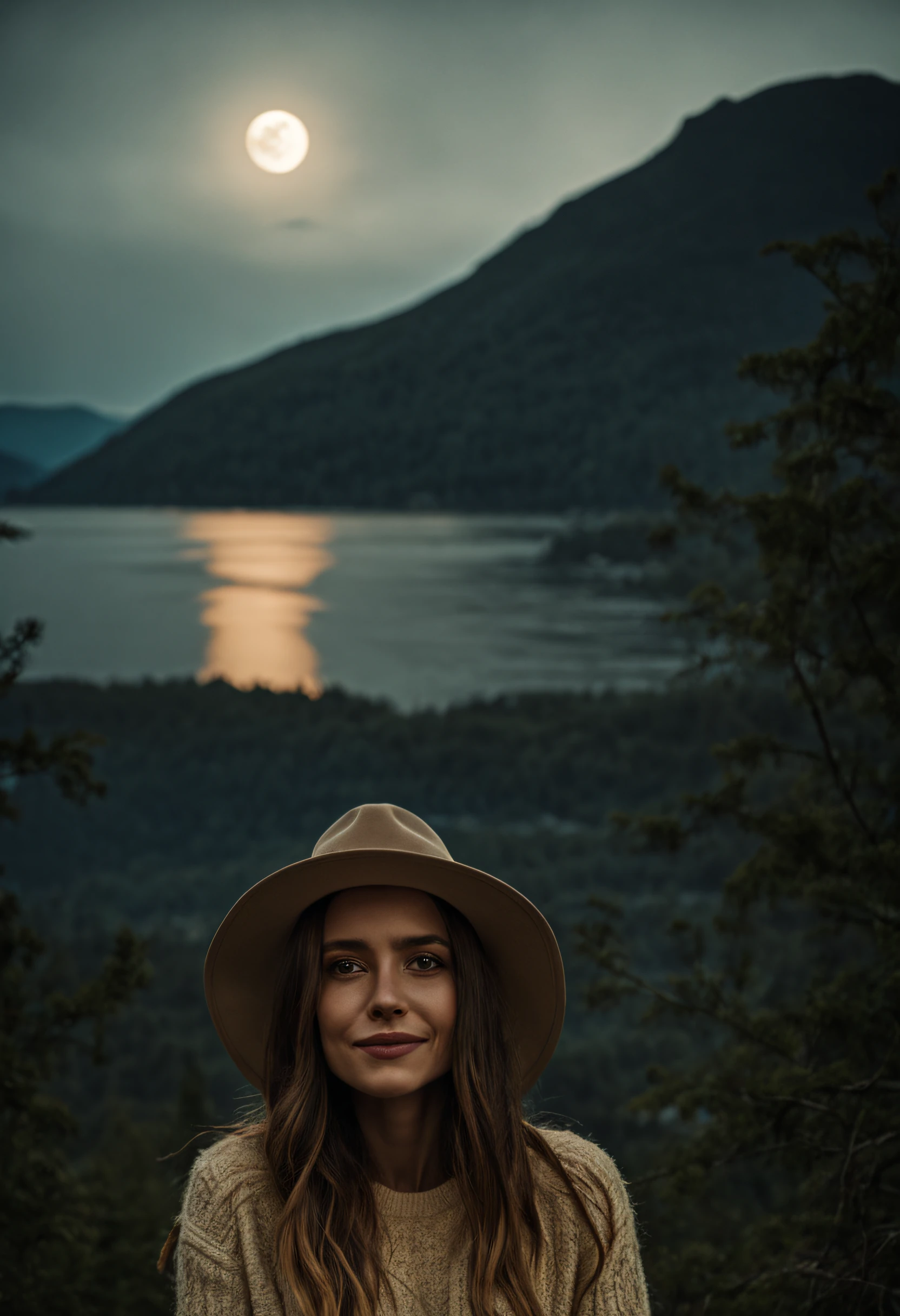 1 woman((upper body selfie, happy)), masterpiece, best quality, ultra-detailed, solo, outdoors, (night), mountains, nature, (stars, moon) cheerful, happy, backpack, sleeping bag, camping stove, water bottle, mountain boots, gloves, sweater, hat, flashlight, forest, rocks, river, wood, smoke, shadows, contrast, clear sky, analog style (look at viewer:1.2) (skin texture) (film grain:1.3), (warm hue, warm tone) :1.2), close up, cinematic light, sidelighting, ultra high res, best shadow, RAW, upper body, wearing pullover