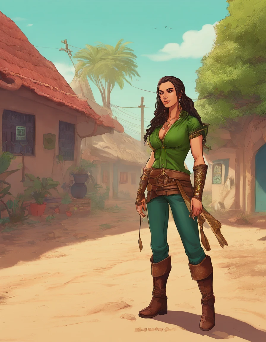 elven woman, a Bard with a pan flute hanging like a necklace around his neck, Medium tall woman with long hair, loiro escuro e com seios grandes, with a tight leather pant, uma blusa branca e verde de pano e um arco pendurado nas costas, A not very paved back road, imagem frontal de corpo inteiro