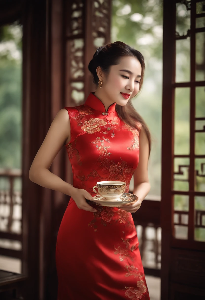 (best quality,highres,masterpiece:1.2),ultra-detailed,realistic,portrait,Chinese red cheongsam,beautiful detailed eyes,lovely smile,golden hair,porcelain cup,antique room,vivid colors,traditional furniture,soft lighting,scenic view outside the window