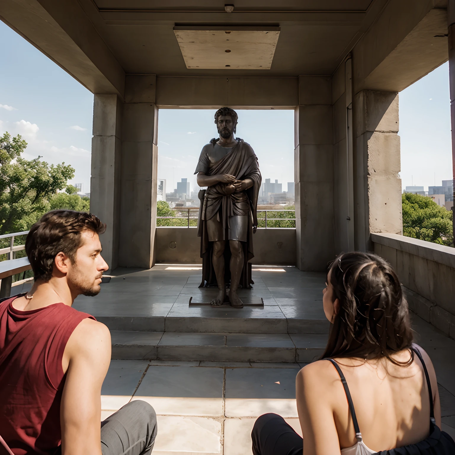 Stoic classroom with Marcus Aurelius in front of the class on the stoa/porch that overlooks a modern city skyline with a diverse group of adults sitting around him listening and asking questions