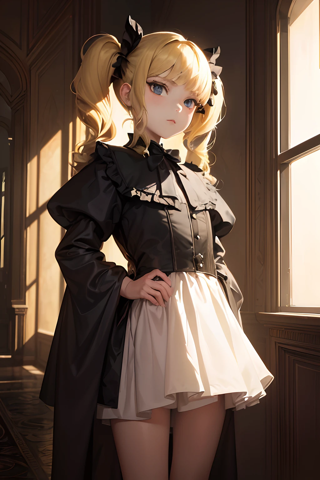 (Portrait of a Surrealist woman), (dark fantasy art: 1.6), David Hockney and Alphonse Mucha's style, Stunning realism, Dynamic lighting, 4K resolution, high detailed facial features, Award-winning, Cowboy Shot, (Official uniform: 1.4), Deep Shadows,(((Petite girl with blonde twin tails))),