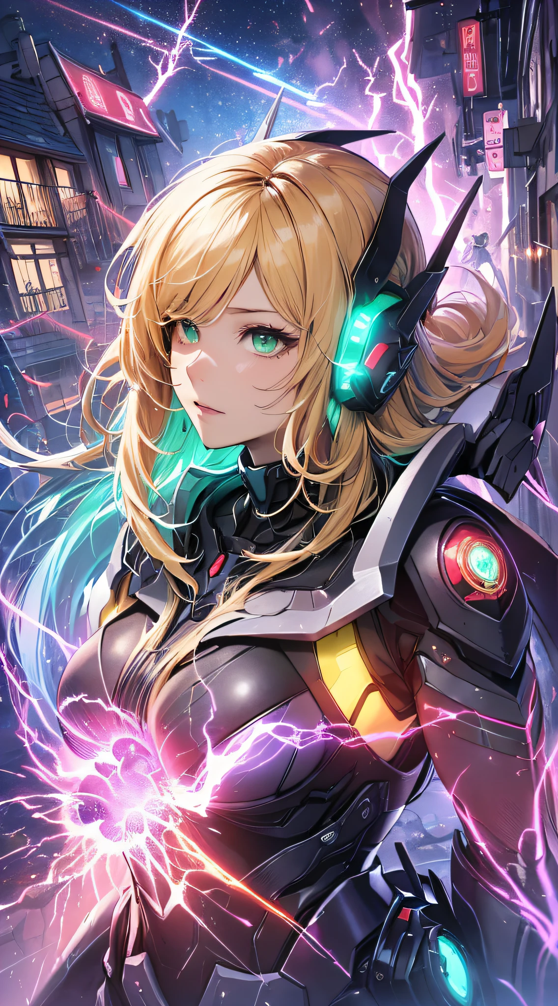 top-quality、Top image quality、​masterpiece、Android Girl((sixteen years old、Red, Black, Red and white glowing cybersuit、Blue energy source for the chest,Best Bust、Bust 90、Blonde Away Tail、Blue-green eyes、open chest wide、Valley、Happiness、A slender、Warlike face、Stand at the front、Countless cable connections throughout the body、Particles of light、Sharp claw arm,Dual-arm laser cannon、battered body、battleing、Giant Cybersword、Flight Units、mid air)）hiquality、Beautiful Art、Background with((Blue lighting、Green particles、Red Laser Pointer、Purple swirl,Yellow flash、Pink lightning、Cyberfield、luminous sky,Overlooking the town))、masutepiece、Elaborate design、visualart、Theatrical films
