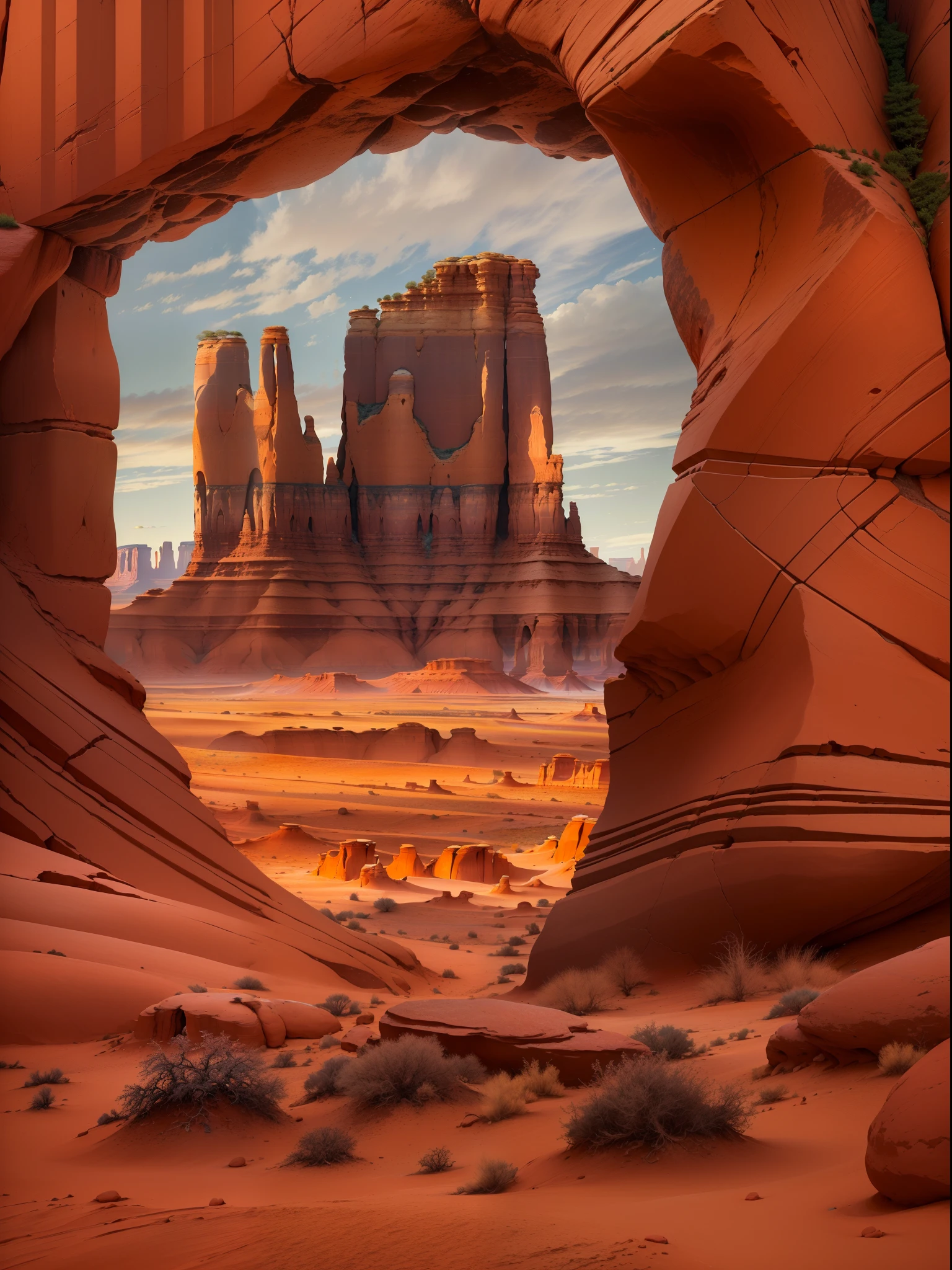 (best quality,4k,highres,masterpiece:1.2),artistic,natural scenery,stunning landscapes,photography,mysterious (Monument Valley, Tsé Bii Ndzisgaii),(gigantic sandstone formations, towering rocks),geometric