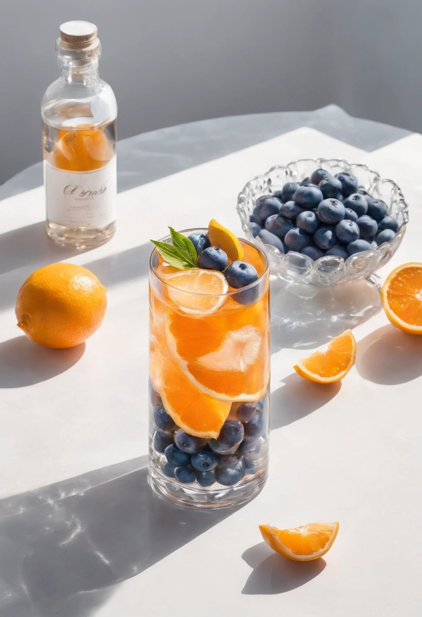 Product photography, creative composition, ultra-wide angle, under the background of the white table, glass bottles on the table, ice, charming sunlight has a beautiful reflection on the drink, bright, ultra-realistic details, HD 4k, blueberries ,lemons,blood orange