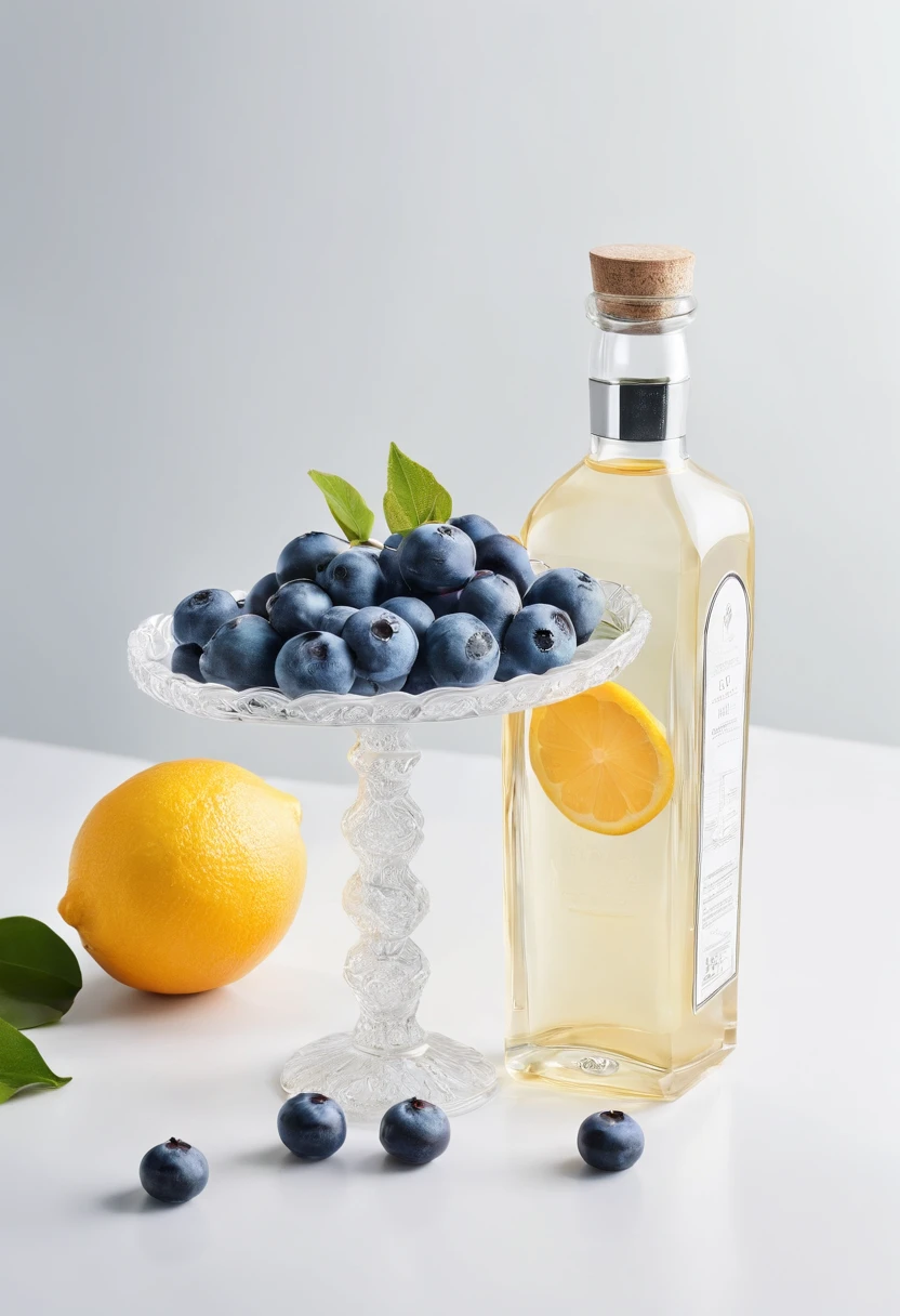 Product photography, creative composition, ultra-wide angle, under the background of the white table, glass bottles on the table, ice, charming sunlight has a beautiful reflection on the drink, bright, ultra-realistic details, HD 4k, blueberries ,lemons,blood orange