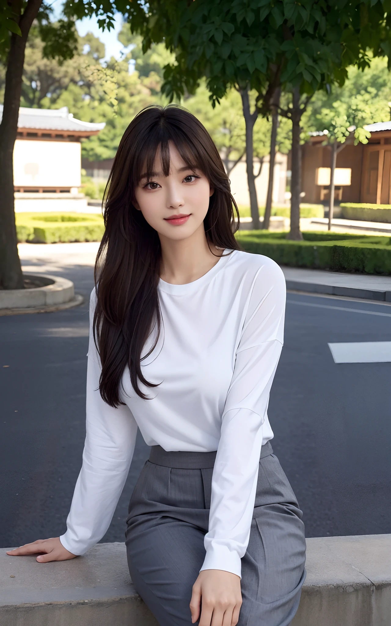 Masterpiece, Best picture quality, High quality, Random outdoor background，Beautiful woman, Japanese, Detailed, Detailed eyes, Detailed skin, Beautiful skin, 超A high resolution, (reality: 1.4),Very beautiful, Slightly younger face, Beautiful skin, Slender, (Ultra photo realsisim), (A high resolution), (8K), (Very detailed) (Beautifully detailed eyes), (Super detailed), leisure wear，a skirt，校服，校服，Pants, (the wallpaper), (Detailed face), view the viewer, Fine details, Detailed face, Smiling, Staring straight ahead, Staring straight ahead, Full-body angle, Realistic photo, Bright lighting, Professional lighting, Mature woman, Brown hair, Sway in the wind Straight hair side by side, Long stylish bangs,