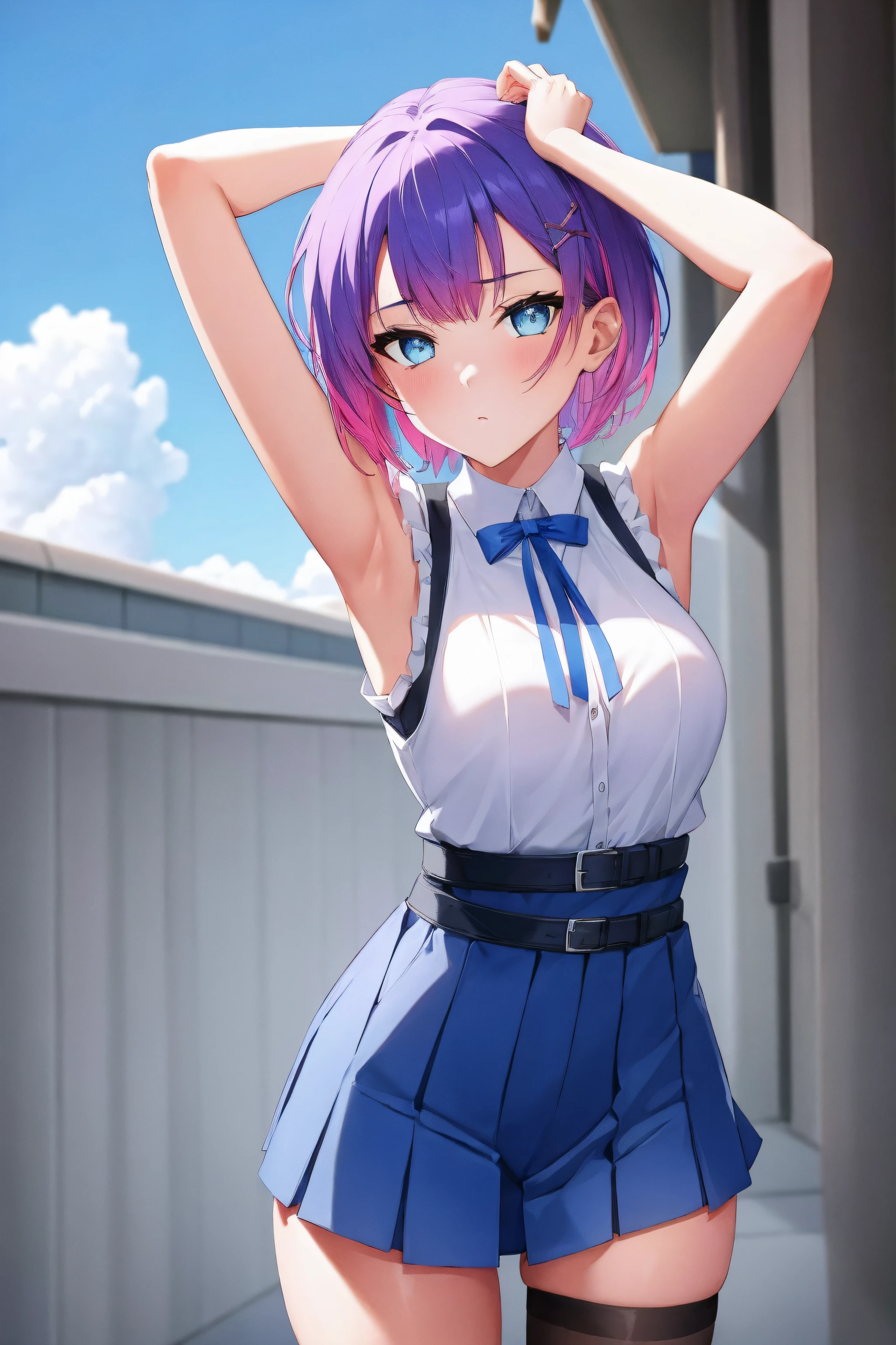 (day:1.7), sky background,a blue sky and clouds,
standing at attention,armpits,arm up,
white shirt, blue vest, sleeveless, blue thighhighs, blue skirt
cctowa, short hair, two side up, hair ribbonhair ornament,
1 girl, 20yo,young female,Beautiful Finger,Beautiful long legs,Beautiful body,Beautiful Nose,Beautiful character design, perfect eyes, perfect face,
looking at viewer, (innocent_big_eyes:1.0),(expressionless:1.3),
NSFW,official art,extremely detailed CG unity 8k wallpaper, perfect lighting,Colorful, Bright_Front_face_Lighting,
(masterpiece:1.0),(best_quality:1.0), ultra high res,4K,ultra-detailed,
photography, 8K, HDR, highres, absurdres:1.2, Kodak portra 400, film grain, blurry background, bokeh:1.2, lens flare, (vibrant_color:1.2)
(Beautiful,medium_Breasts:1.4), (beautiful_face:1.5),(narrow_waist),(perfect hands, perfect anatomy),
