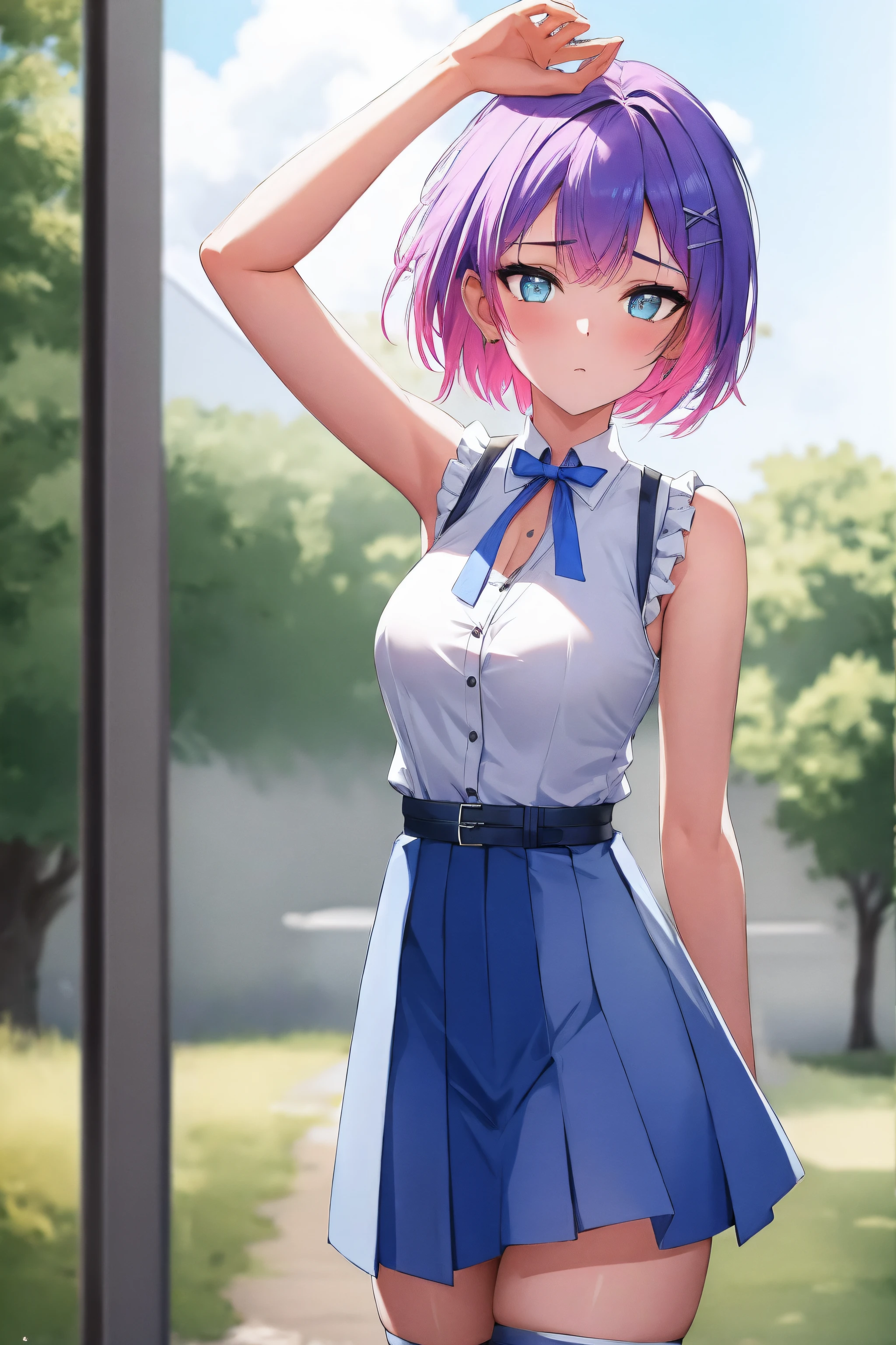 (day:1.7), sky background,a blue sky and clouds,
standing at attention,armpits,arm up,
white shirt, blue vest, sleeveless, blue thighhighs, blue skirt
cctowa, short hair, two side up, hair ribbonhair ornament,
1 girl, 20yo,young female,Beautiful Finger,Beautiful long legs,Beautiful body,Beautiful Nose,Beautiful character design, perfect eyes, perfect face,
looking at viewer, (innocent_big_eyes:1.0),(expressionless:1.3),
NSFW,official art,extremely detailed CG unity 8k wallpaper, perfect lighting,Colorful, Bright_Front_face_Lighting,
(masterpiece:1.0),(best_quality:1.0), ultra high res,4K,ultra-detailed,
photography, 8K, HDR, highres, absurdres:1.2, Kodak portra 400, film grain, blurry background, bokeh:1.2, lens flare, (vibrant_color:1.2)
(Beautiful,medium_Breasts:1.4), (beautiful_face:1.5),(narrow_waist),(perfect hands, perfect anatomy),