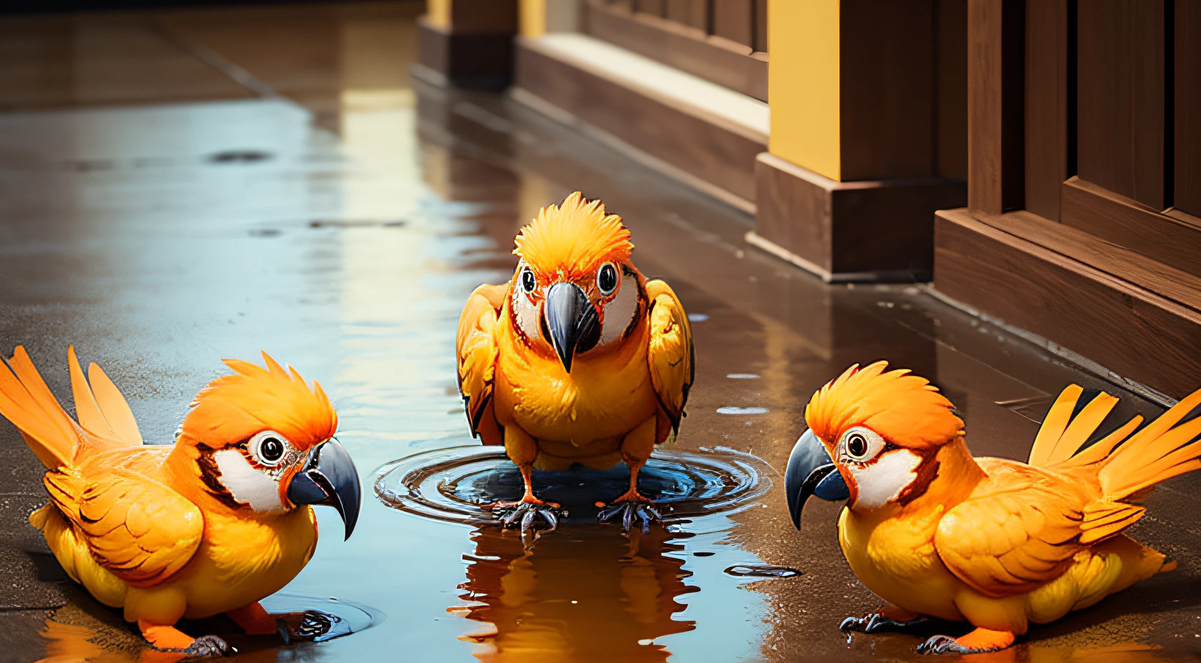 view of three orange parrots, Swimming in Puddle of honey on the floor, Pixar Style Movie, so cute, big eyes, bright eyes, pretty eyes, orange fullbody