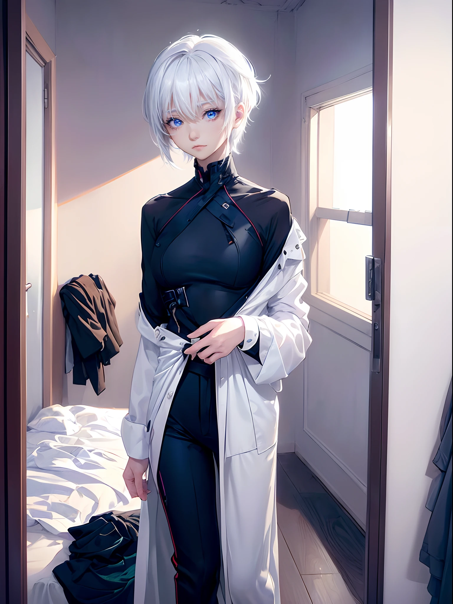 ((4K works))、​masterpiece、(top-quality)、One Beautiful Girl、Slim body、tall、((Black Y-shirt and white pants、Charming street style))、Naked、One piece of underwear、(Detailed beautiful eyes)、room at night、((He changing clothes))、((Peeking at him through the gap in the door of the room))、((Pitch black room at night))、((Face similar to Carly Rae Jepsen))、((Short-haired white hair))、((Smaller face))、((Neutral face))、((Bright blue eyes))、((American adult women))、((Adult female 26 years old))、((cool lady))、((Like a celebrity))、((deadpan))、((Korean Makeup))、((elongated and sharp eyes))、((Happy dating))、((boyish))、Professional Photos、((Shot alone))、((He is undressed))、((He's changing clothes in his room))、((shot from front))、((Voyeur of him while changing clothes))