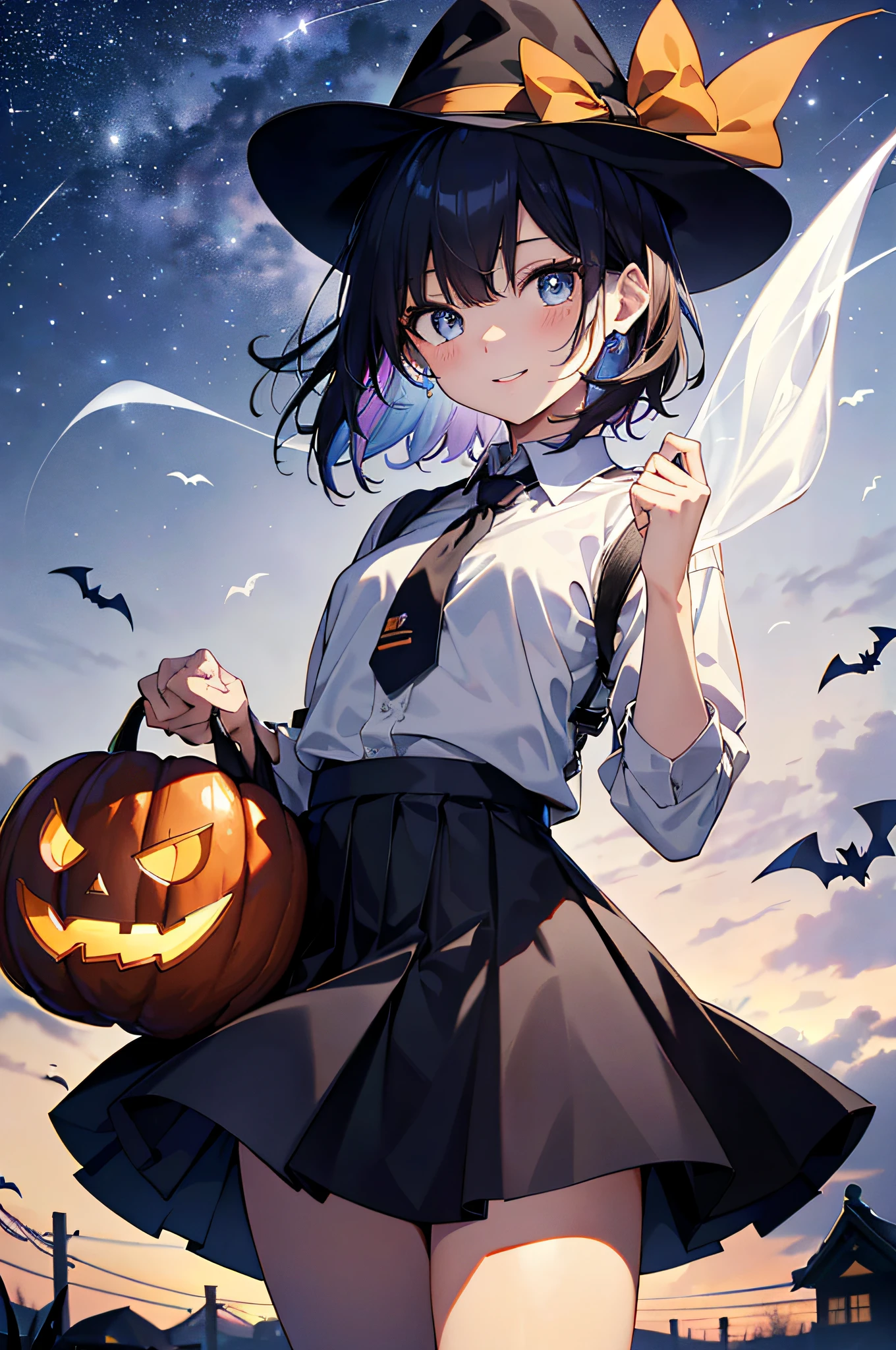 (top-quality、in 8K、32K、masterpiece、nffsw、超A high resolution、Impresionismo、Photorealsitic:1.2)、cowboy shot、foco nítido、detailed faces and eyes、(Tokyo at night、Halloween Decorations、The ghost is flying、Ghost pumpkin、Very colorful、Vivid Color:1.2)、(Very colorful night sky、Colorful ghosts flying in the sky)、Sharp pupils、Realistic pupils、beauitful face、blurry backround、18 year old beautiful girl、shinny skin、Bery short hair、Beautiful dark brown hair、Blunt bangs、Dark blue eyes、Wizard Hat、cloaks、Shirt、Halloween tie、Plaid miniskirt、Black socks、(Holding a skirt in your right hand、Lifting skirt:1.3)、(Raise your left arm)、(Happy expression on face:1.2)、dynamicposes