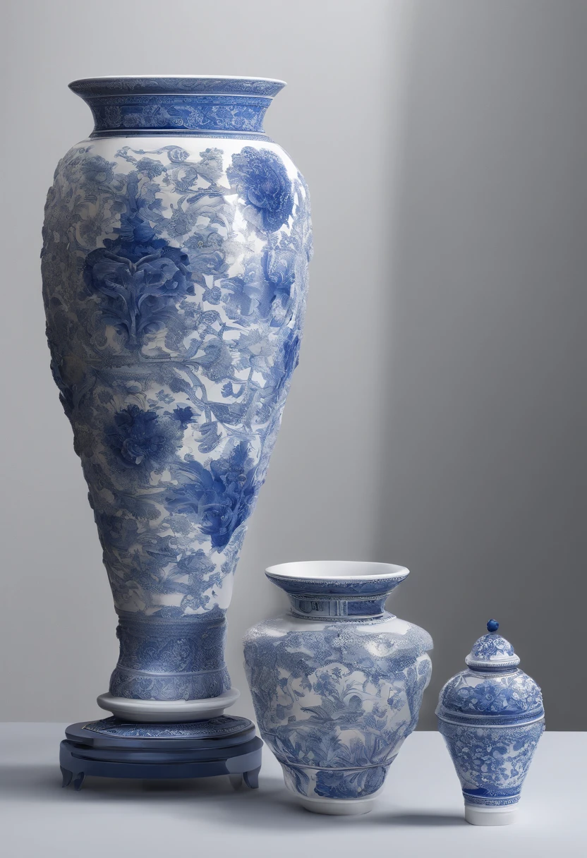 Blue and white porcelain,Ceramic material,Rubbers,artwork of a,On a table,Ornaments, high detail,3D, Chiaroscuro, Cinematic lighting, god light, Cinematic lighting, hyper HD, High details, Best quality, A high resolution, Textured skin