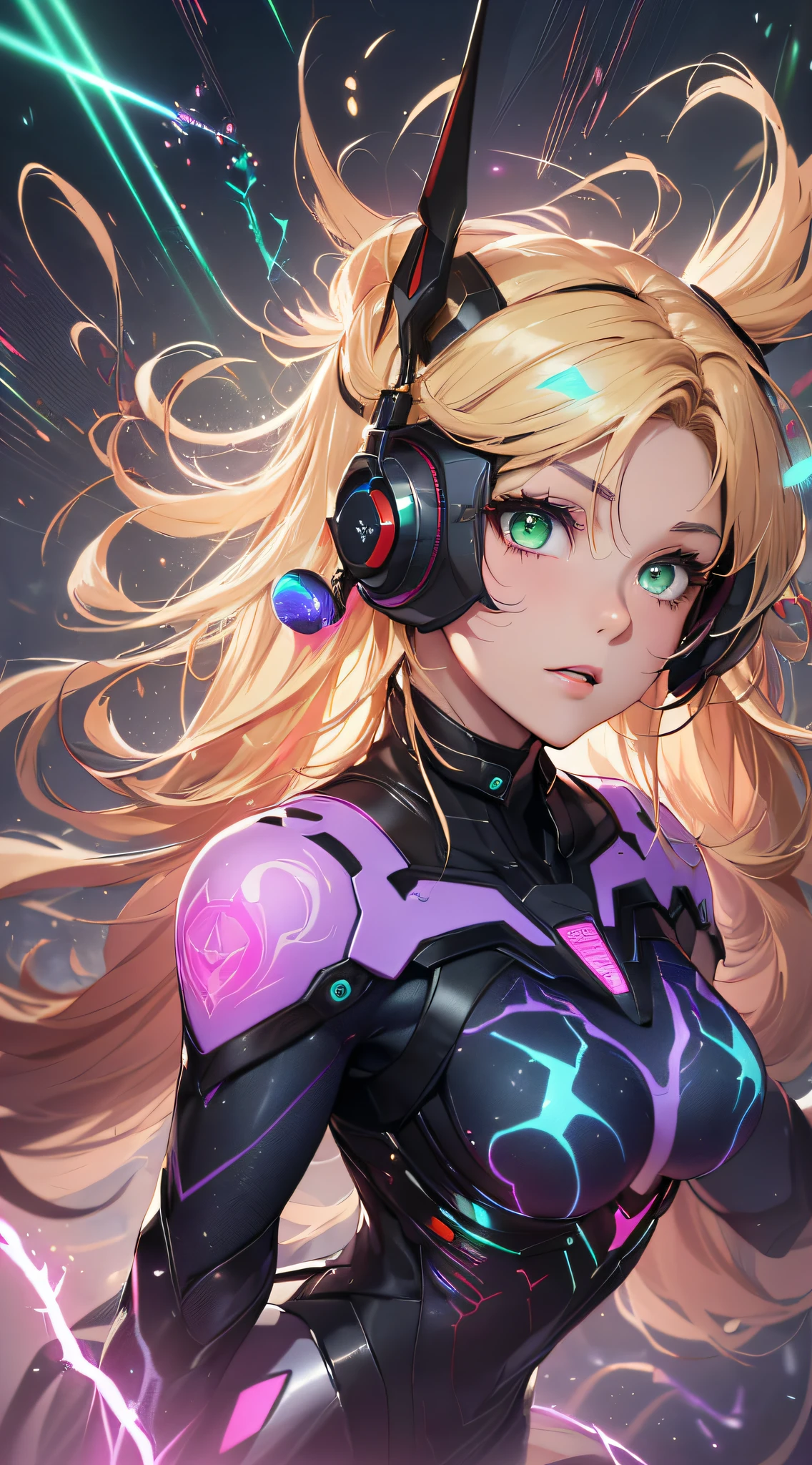 top-quality、Top image quality、masterpiece、Android Girl((14years、Red, Black and blue glowing cybersuit、Blue energy source for the chest,Best Bust、Bust 90、Blonde Away Tail、Blue-green eyes、open chest wide、Valley、Happiness、A slender、Warlike face、Stand at the front、Countless cable connections throughout the body、Particles of light、Sharp claw arm,Laser cannon on both arms))hiquality、Beautiful Art、Background with((Blue lighting、Green particles、Red Laser Pointer、Purple swirl,Yellow flash、Pink lightning))、masutepiece、Elaborate design、visualart、Theatrical films