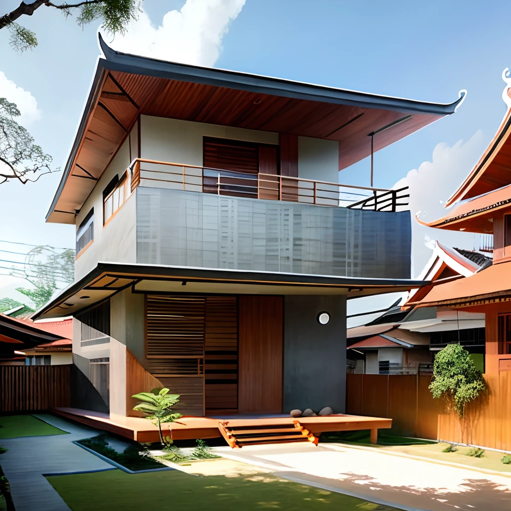 Thai style house half timber, half cement modern style