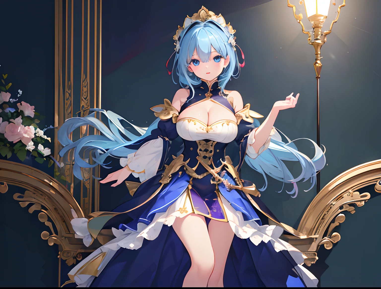 (masterpiece:1.21), (top-quality:1.331), ((ultra-detailliert)), ((Superb illustration)), ((astounding)), (An ultra-high picture quality), Gorgeous and rich graphics, (extremely delicate and beautiful:1.21), 8K, wall-paper, (Very beautiful lighting), hard lights,(beautiful finely detailed eyes)、1girl in、独奏、blue hairs、shorth hair、blue eyess、large full breasts、cleavage of the breast、Full body view、sullenness、frontage、masterpiece、top-quality、flat background, full body, standing