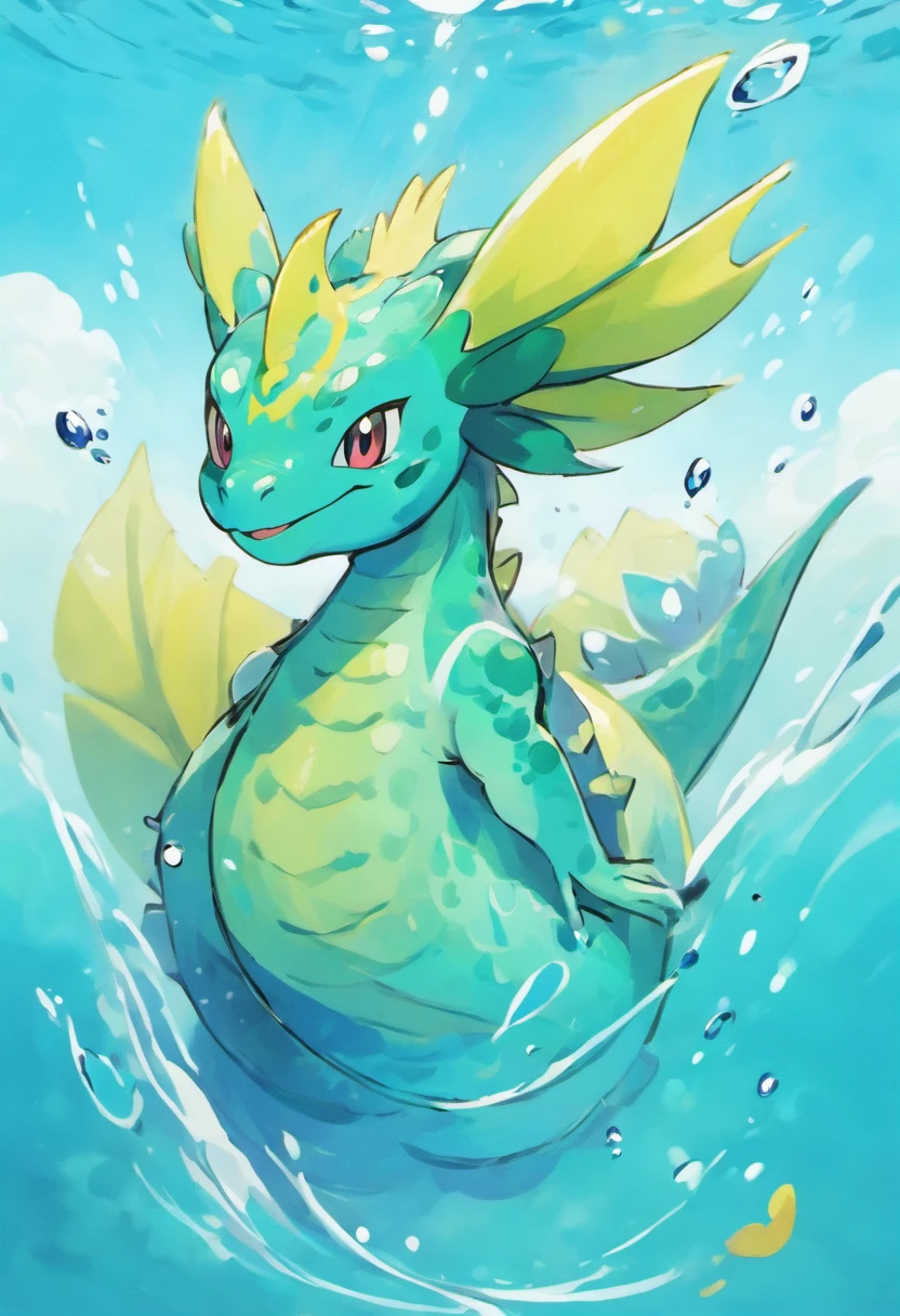 A water dragon, cute, swimming in the vibrant ocean
