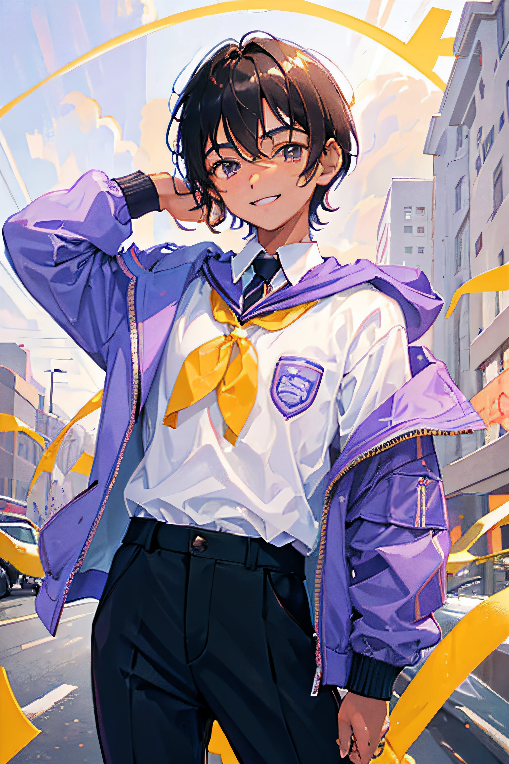 a young boy maybe a high schooler boy. he has black hair and dark brown eyes. he has tan skin color and also have some pimples in his face. he's wearing a light purple school uniform and black pants. he also is smiling and facing toward the viewer.