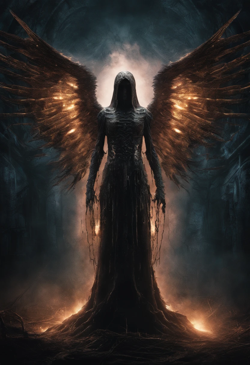 Cosmic Fallen Angel, Glowing light eyes, biomechanical, eldritch, Creepy, nightmarish, Very bright colors, light particles, with luminous light, Wallpaper Art, UHD wallpaper,medieval garb