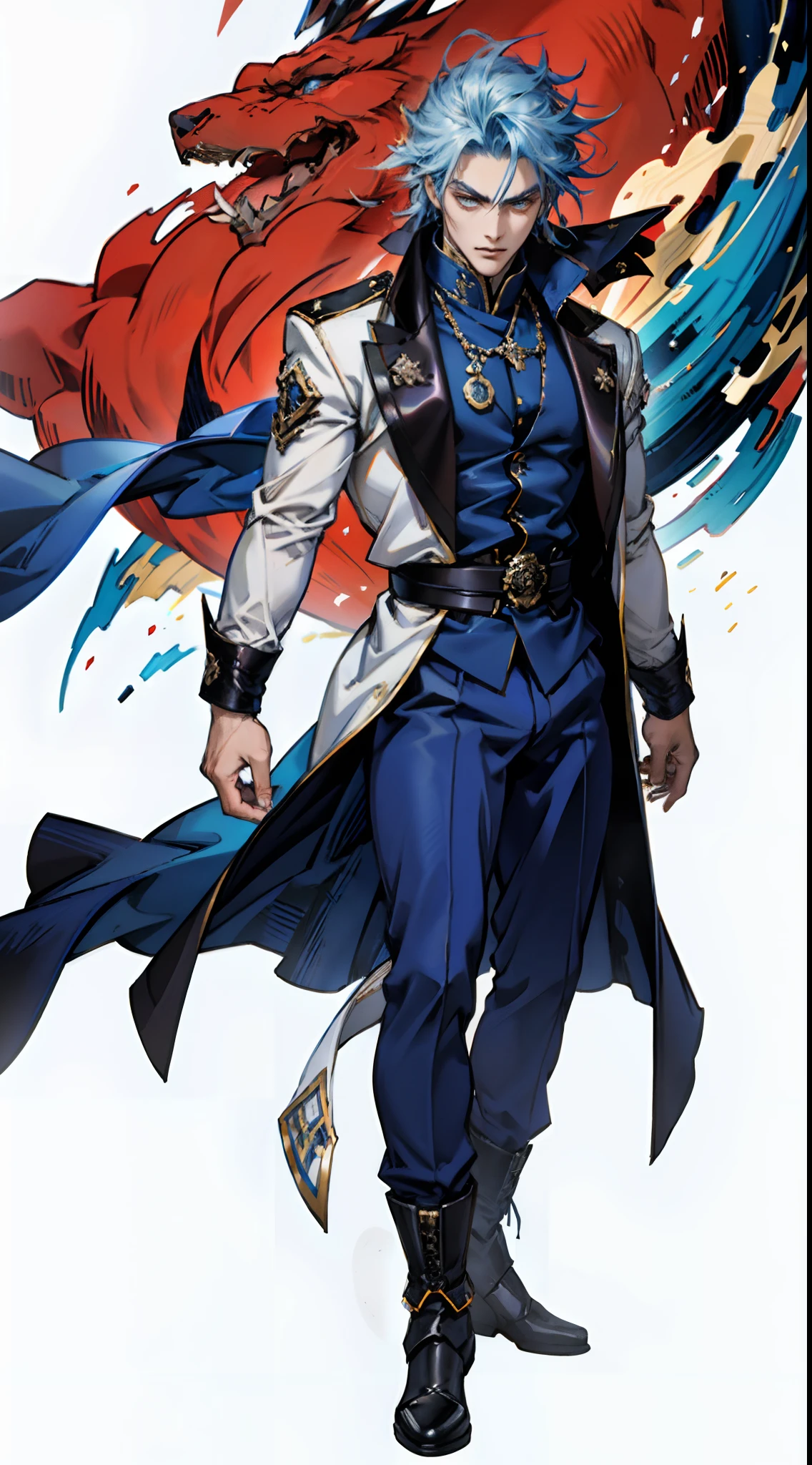 A young man with long slate-blue hair, disheveled and flying hair, sharp gaze, a resolute countenance, he has a mixed West Asian and Eastern European appearance, a fantasy wuxia-style tight-fitting trench coat robe, with a flowing hem, the color scheme is mainly white, with red and white-blue as secondary colors, dark trousers, thick cloth boots, he stands in a majestic posture, while the surrounding space shatters and ruptures with energy, this character embodies a finely crafted fantasy-style Chinese martial hero in anime style, characterized by an exquisite and mature manga illustration art style, full body character drawing, high definition, best quality, highres, ultra-detailed, ultra-fine painting, extremely delicate, professional, anatomically correct, symmetrical face, extremely detailed eyes and face, high quality eyes, creativity, RAW photo, UHD, 8k, Natural light, cinematic lighting, masterpiece:1.5
