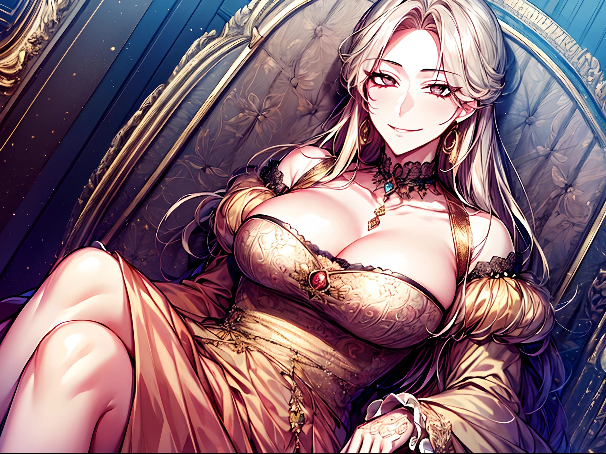 shoujo-style, 1girl, solo, masterpiece, best quality, official wallpaper, detailed face, evil smile, long eyelashes, looking at viewer, royal dress, (cleavage), puffy sleeves,, golden, jewely, sitting on throne, thick thigh, from below, Kuroume_1024