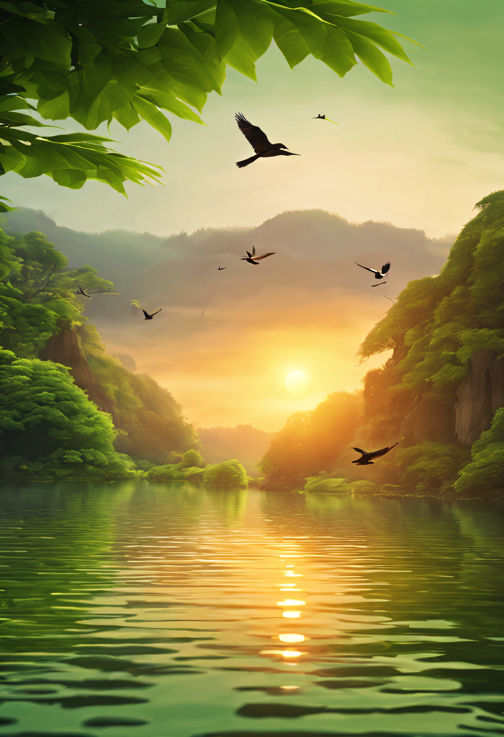 green leaf, Sunset and sunset, flying birds, Guzheng leisurely, fenghuang, Quiet, Magnificent, cinematic lighting, modern, UHD, textured skin, high details, best quality