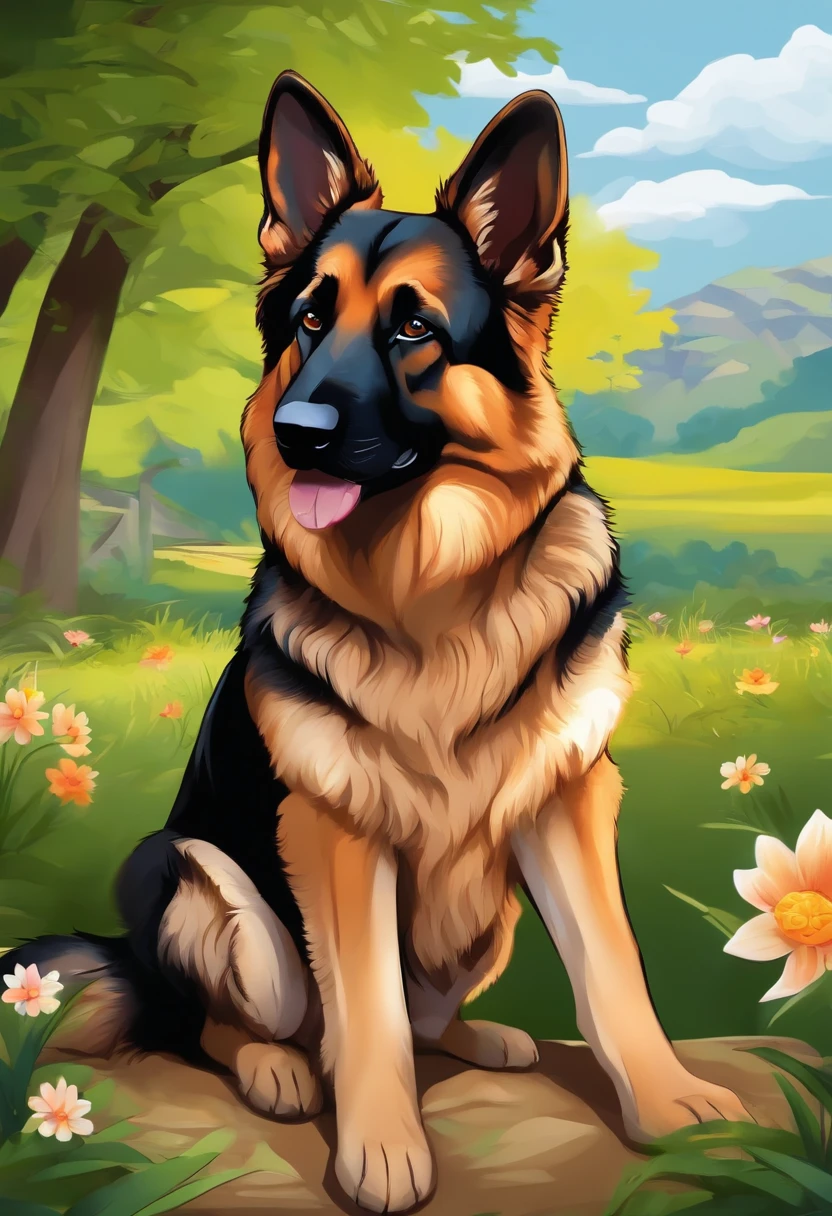 Cute German shepherd, anime, black thick outlines, landscape