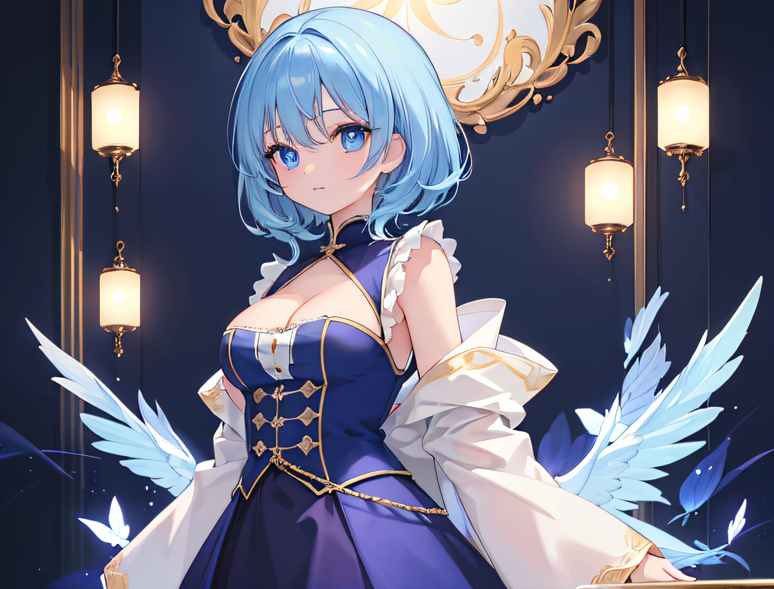(​masterpiece:1.21), (top-quality:1.331), ((ultra-detailliert)), ((Superb illustration)), ((astounding)), (An ultra-high picture quality), Gorgeous and rich graphics, (extremely delicate and beautiful:1.21), 8K, wall-paper, (Very beautiful lighting), hard lights,(beautiful finely detailed eyes)、1girl in、独奏、blue hairs、shorth hair、blue eyess、large full breasts、cleavage of the breast、Full body view、sullenness、frontage、​masterpiece、top-quality、flat background, full body, standing