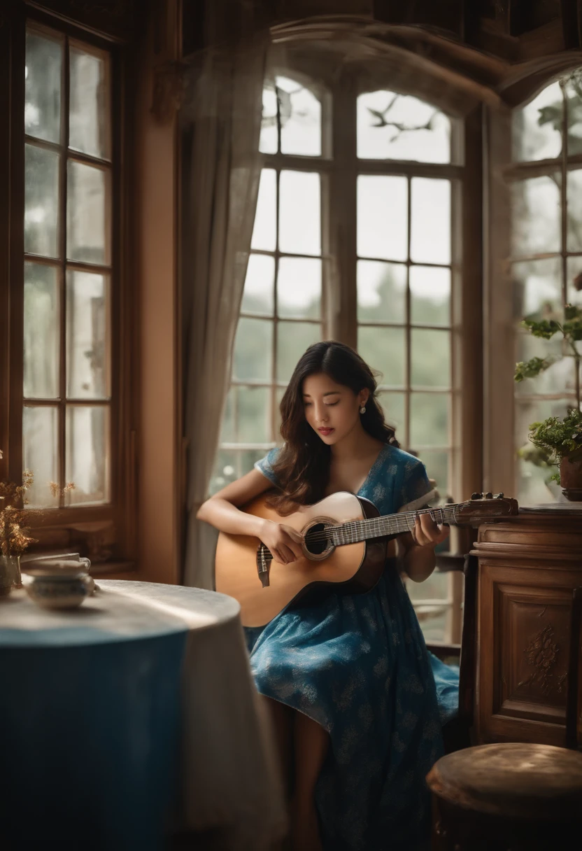(best quality,4k,8k,highres,masterpiece:1.2),ultra-detailed,realistic,beautiful girls in blue cheongsams,garden-themed room,delicate details of their faces,blue cheongsams with intricate patterns,18-year-old girls,girl by the window playing guitar,girl with an exquisite porcelain cup,antique room with a circular window,wooden table in front of the window,girl playing the guitar by the window,girl gazing at the beautiful scenery outside,serene and picturesque outdoor view,Peaceful atmosphere,soft sunlight streaming through the circular window,room filled with the scent of flowers,ornate decorations on the walls,vintage furniture with elaborate carvings,tranquil and elegant ambience,graceful posture and expressions of the girls,subtle emotions on their faces,gentle breeze rustling through the window,subtle rays of light illuminating the room,nostalgic color palette with warm tones,soft and muted color scheme,vintage lighting creating a cozy atmosphere,minor details captured in high definition,smooth blending of colors,smooth texture and brushstrokes,rich and vibrant hues,subtle shadows and highlights enhancing depth and dimension,picturesque landscape visible through the window,vibrant foliage and blooming flowers outside,serene blue sky with fluffy white clouds,harmonious composition and balance in the scene.