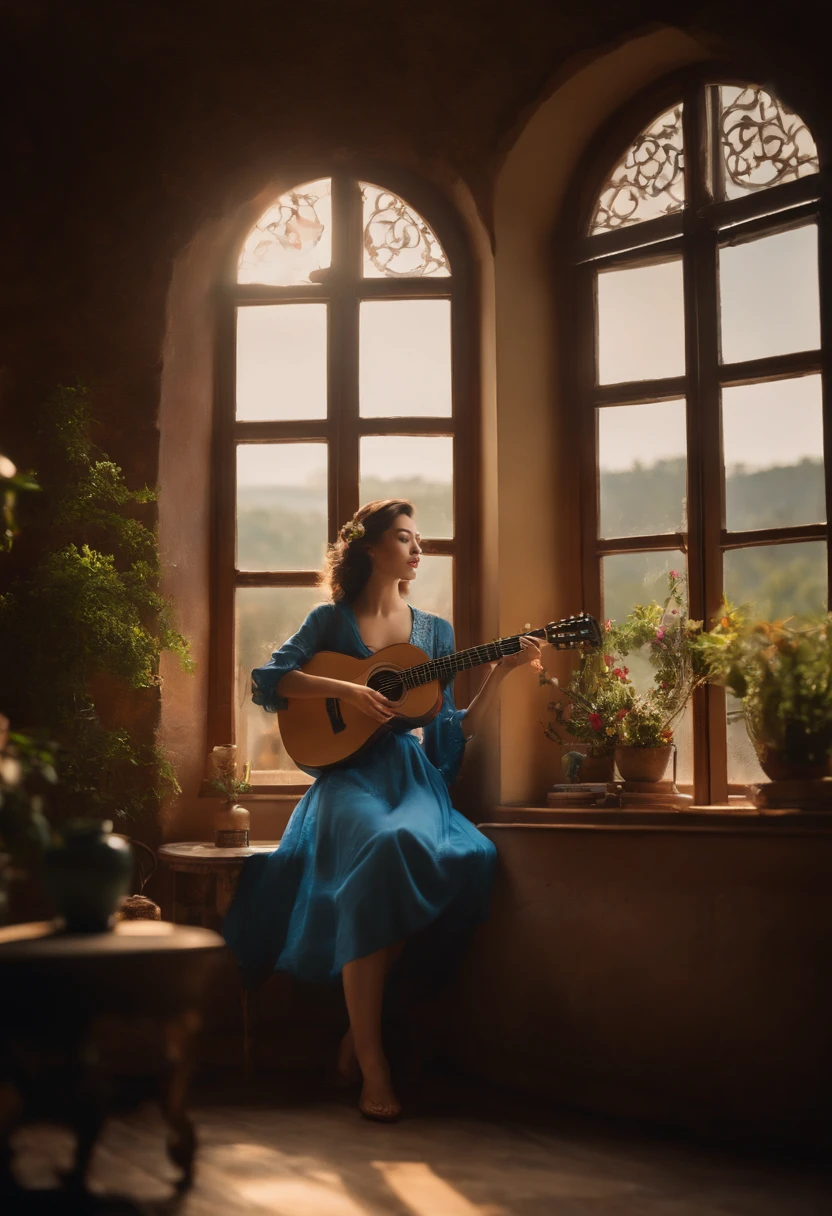 (best quality,4k,8k,highres,masterpiece:1.2),ultra-detailed,realistic,beautiful girls in blue cheongsams,garden-themed room,delicate details of their faces,blue cheongsams with intricate patterns,18-year-old girls,girl by the window playing guitar,girl with an exquisite porcelain cup,antique room with a circular window,wooden table in front of the window,girl playing the guitar by the window,girl gazing at the beautiful scenery outside,serene and picturesque outdoor view,Peaceful atmosphere,soft sunlight streaming through the circular window,room filled with the scent of flowers,ornate decorations on the walls,vintage furniture with elaborate carvings,tranquil and elegant ambience,graceful posture and expressions of the girls,subtle emotions on their faces,gentle breeze rustling through the window,subtle rays of light illuminating the room,nostalgic color palette with warm tones,soft and muted color scheme,vintage lighting creating a cozy atmosphere,minor details captured in high definition,smooth blending of colors,smooth texture and brushstrokes,rich and vibrant hues,subtle shadows and highlights enhancing depth and dimension,picturesque landscape visible through the window,vibrant foliage and blooming flowers outside,serene blue sky with fluffy white clouds,harmonious composition and balance in the scene.