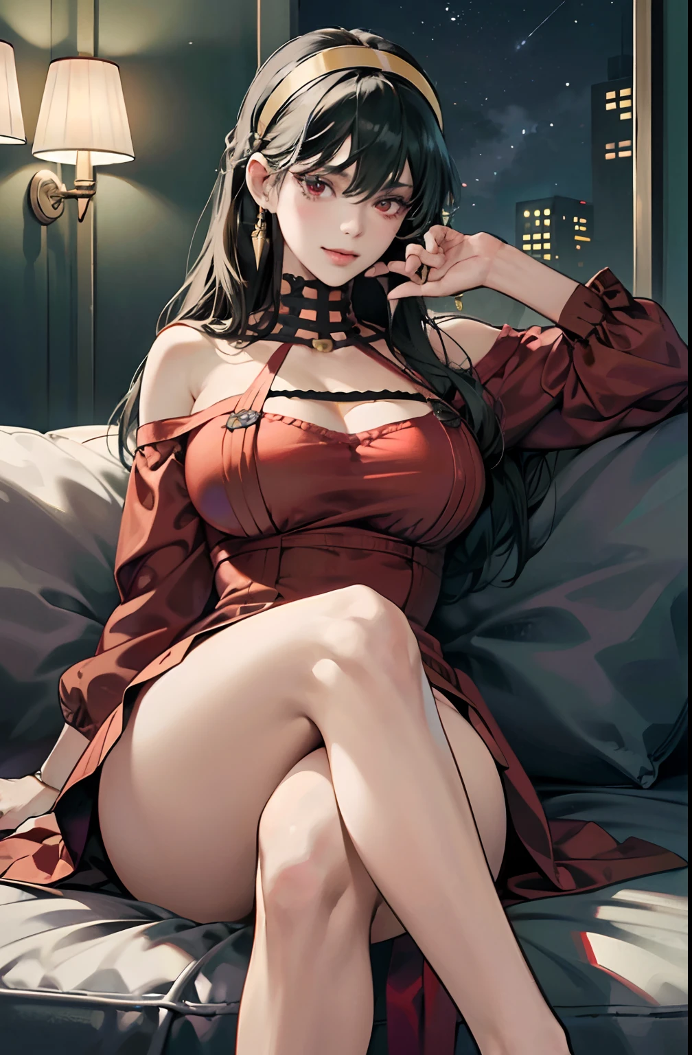(A hyper-realistic), (illustratio), (hight resolution), (8K), (ighly detailed), (The best illustrations), (beatiful detailed eyes), (top-quality), (ultra-detailliert), (masterpiece), (detailed face), cowboy shot,inner colored,solo, Girl in tight red dress, huge tits, smile, high heel, ((spreading legs:1.3)), ((inner thigh)), thick thighs, sitting on a sofa, yor, black hair, hairband, golden earings, red eyes, long hair, cleavage, ((at night))
