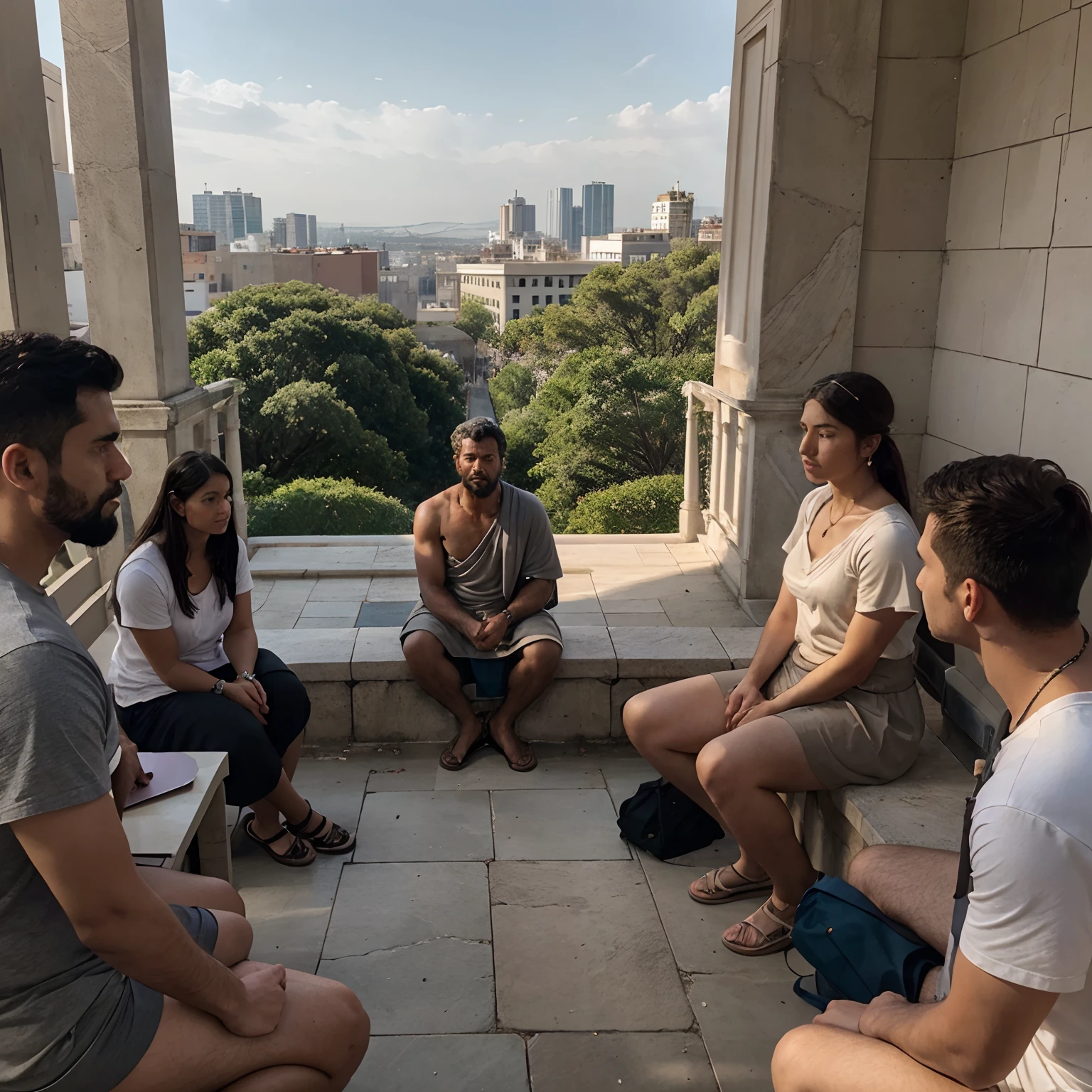 Stoic classroom with a marble Marcus Aurelius in front of the class on the stoa/porch that overlooks a modern city skyline with a diverse group of adults sitting around him listening and asking questions. At least 6 students visible