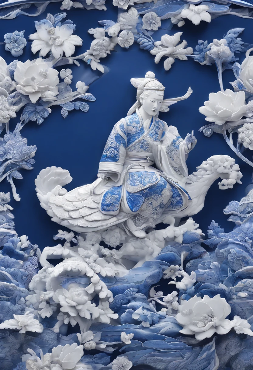 Blue and white porcelain,Ceramic material,Ancient Chinese clothes,artwork of a, high detail,3D, Chiaroscuro, Cinematic lighting, god light, Cinematic lighting, hyper HD, High details, Best quality, A high resolution, Textured skin