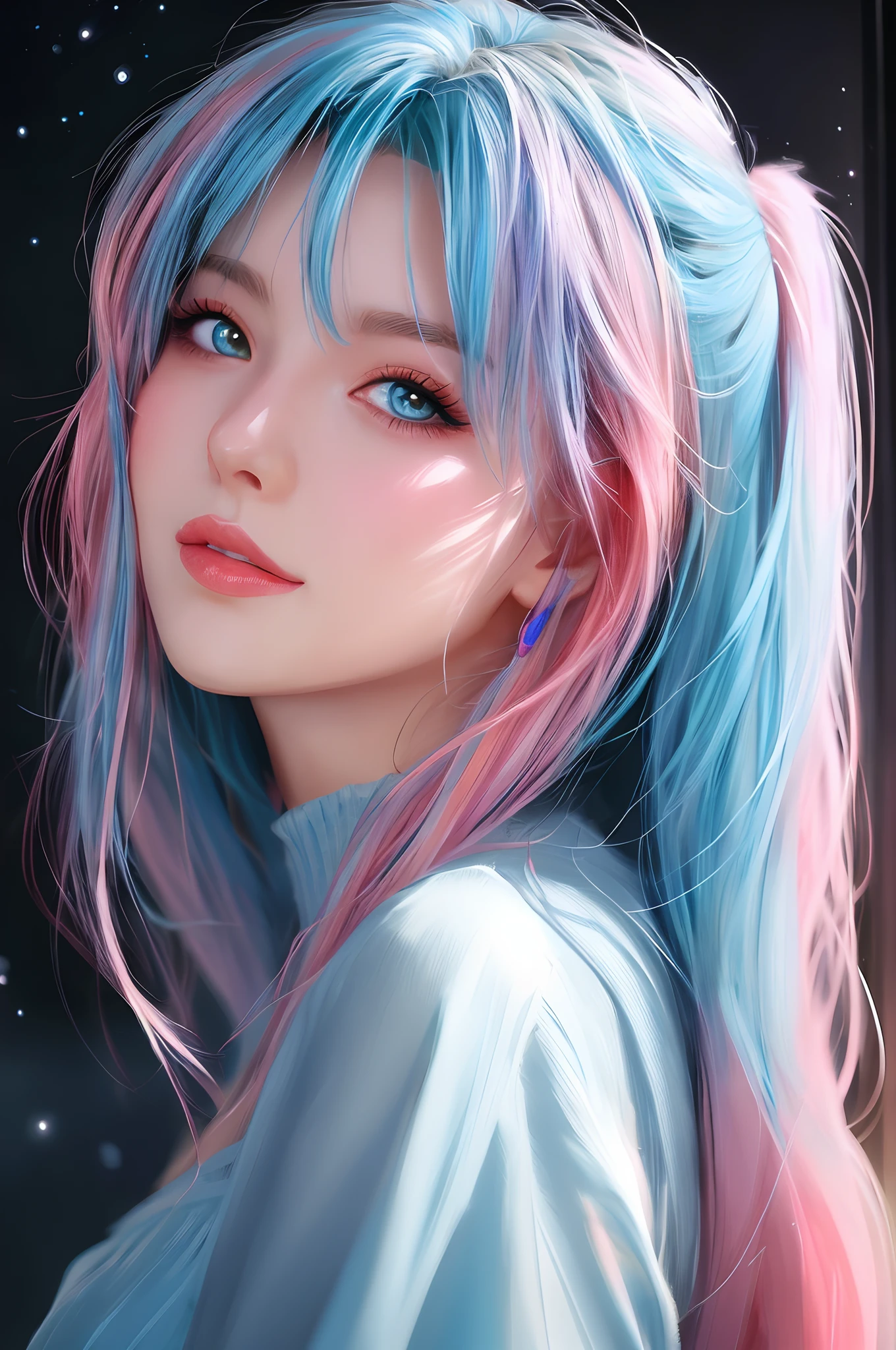 a woman with blue hair and pink hair wearing a blue top, beautiful anime portrait, stunning anime face portrait, detailed portrait of anime girl, beautiful anime style, beautiful anime face, beautiful anime girl, rossdraws pastel vibrant, pretty anime girl, cute anime girl portraits, portrait anime girl, cute anime girl portrait, anime girl with cosmic hair, digital anime art