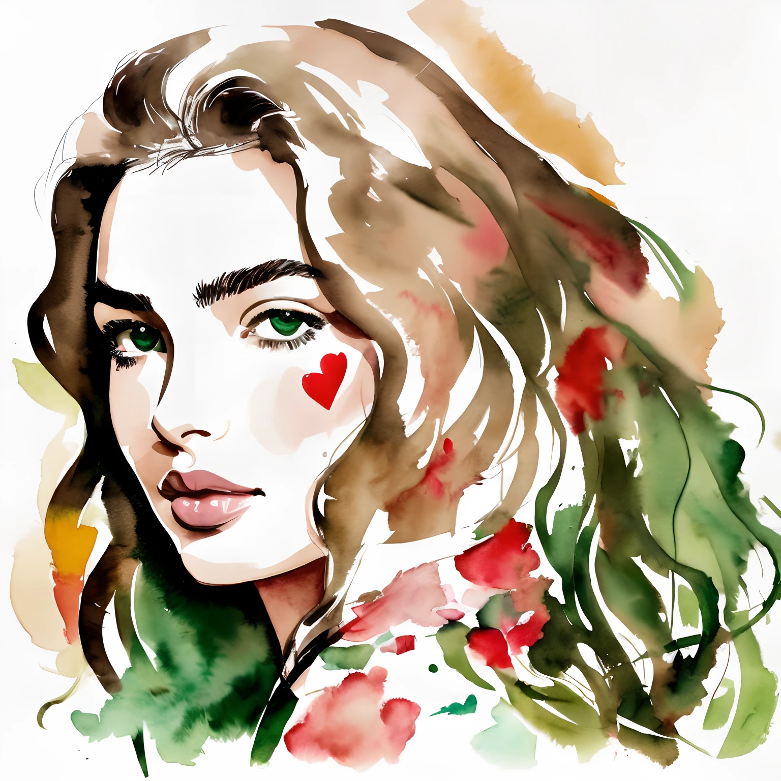 David Downton fashion illustration, watercolor drawing, light brown blonde thin hair woman, bob curvy hair, green eyes, rose liostick, cute face, Andreea Diaconu, white sweatshirt with red hearts pattern, candy