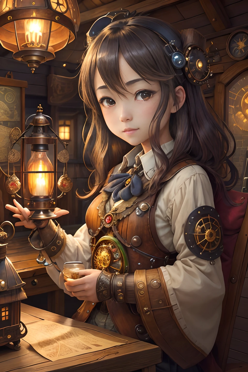 steampunkai。Beautiful。 (Masterpiece:1.2)。(Best Quality:1.2)。Perfect face。twogirls。Japan schoolgirl in steampunk style。One has short hair。The other has long hair。Hurricane lamp light on small table。Spread out the map on a small table、Consulting happily。Dark wooden hut in the background。