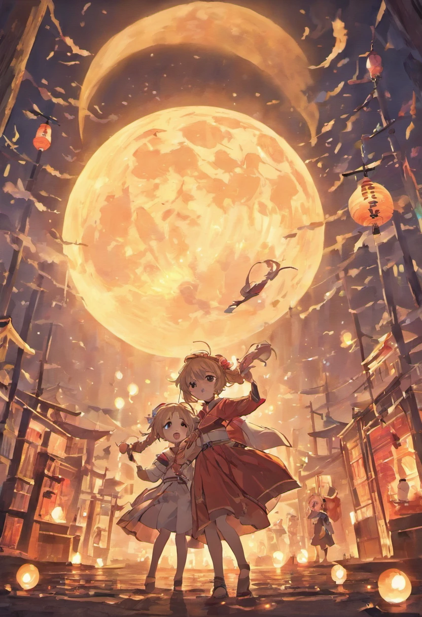mid-autumn festival,The villagers and had a great time,Bright moon,best qualtiy,heads,8K,Anime cute