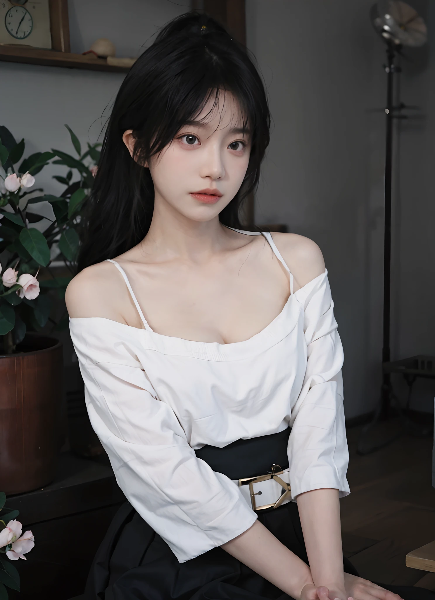 best qualtiy, 超高分辨率, (realisticlying:1.4), one-girl, A pair of clear and moving peach blossom eyes,Royal Sister,Black long straight,Yellow tight skirt, (big cleavage breasts:1.2), looking at viewert, closeup cleavage ,
