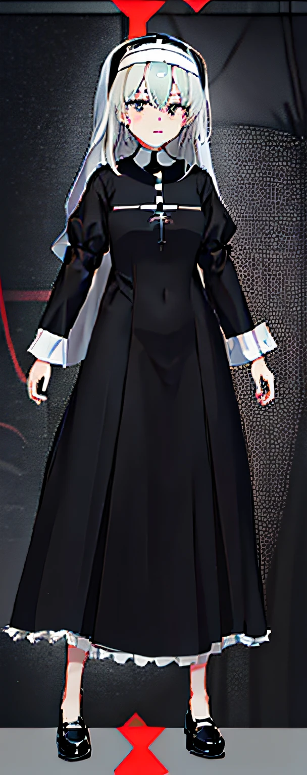 Anime girl in black dress with white collar and black shoes, nun outfit, ((wearing aristocrat robe)), anime girl wearing a black dress, zoomed out full body,  wearing a black noble suit, distant full body view, View(Full body + zoomed out), nun fashion model, Full body!, Einz All Gown,Twin-tailed