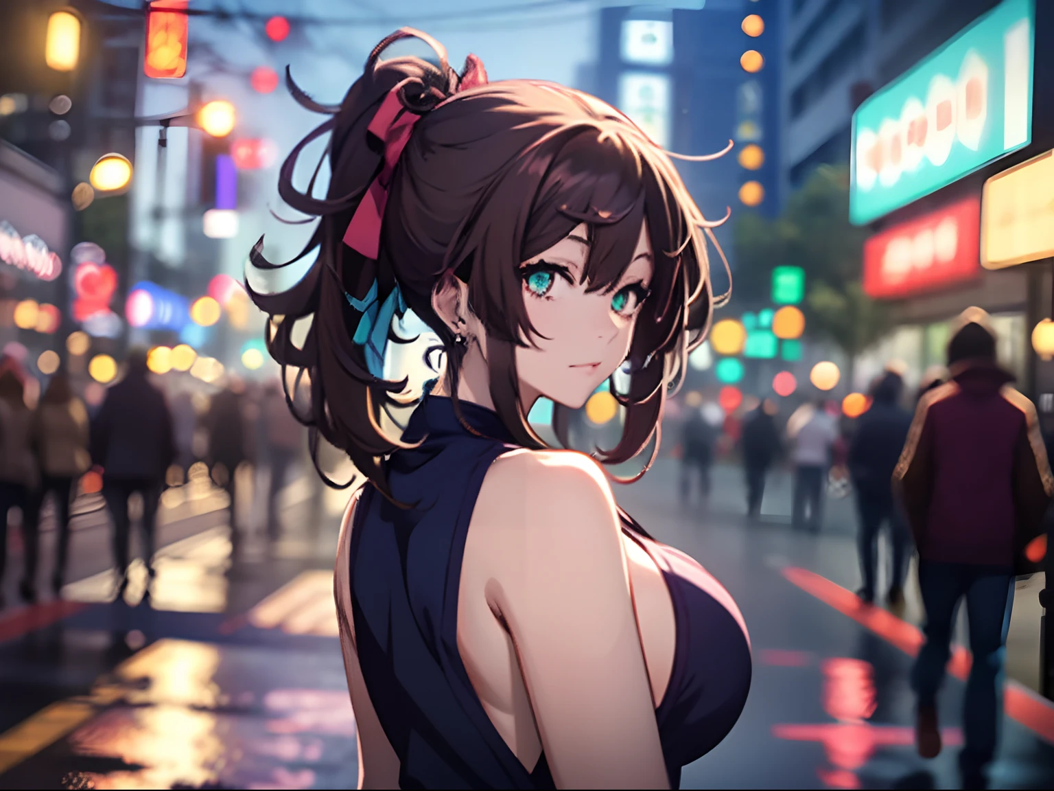 college woman; Strikingly attractive; Long, dark brown hair; blue eyes; Slender figure with large bust; smiling; standing in front of a crowded theater; best quality; soft blur background; trending on artstation; complex volumetric lighting; strong shadows; artistic lighting; dynamic; energetic vibe; realistic skin; specular highlights; micro-textures; highly detailed hair; contour drawing; wearing form-fitting modern stylish evening gown