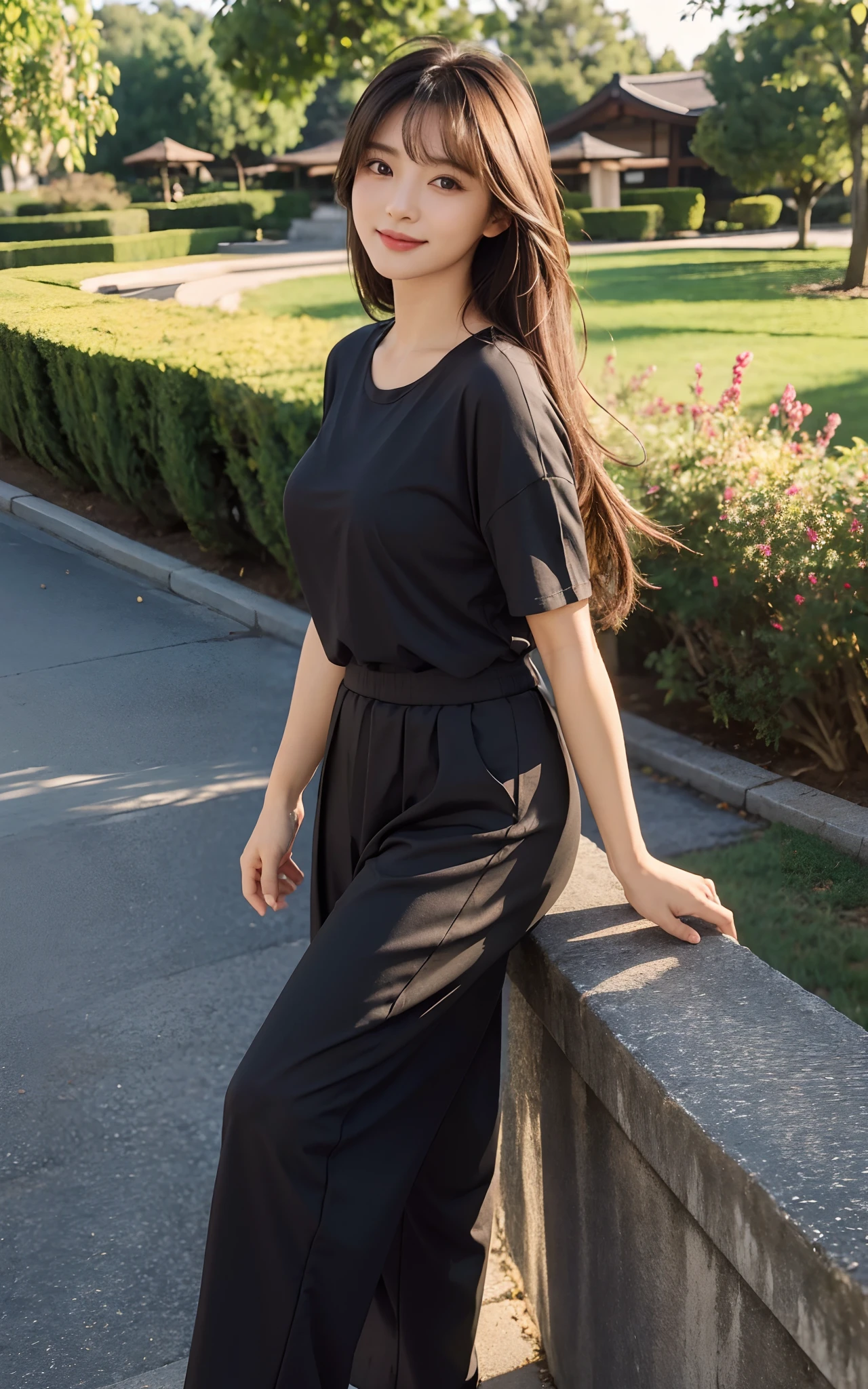 Masterpiece, Best picture quality, High quality, Random outdoor background,Beautiful woman, Japanese, Detailed, Detailed eyes, Detailed skin, Beautiful skin, 超A high resolution, (reality: 1.4),Very beautiful, Slightly younger face, Beautiful skin, Slender, (Ultra photo realsisim), (A high resolution), (8K), (Very detailed) (Beautifully detailed eyes), (Super detailed), leisure wear,a skirt,校服,校服,Pants, (the wallpaper), (Detailed face), view the viewer, Fine details, Detailed face, Smiling, Staring straight ahead, Staring straight ahead, Full-body angle, Realistic photo, Bright lighting, Professional lighting, Mature woman, Brown hair, Sway in the wind Straight hair side by side, Long stylish bangs,