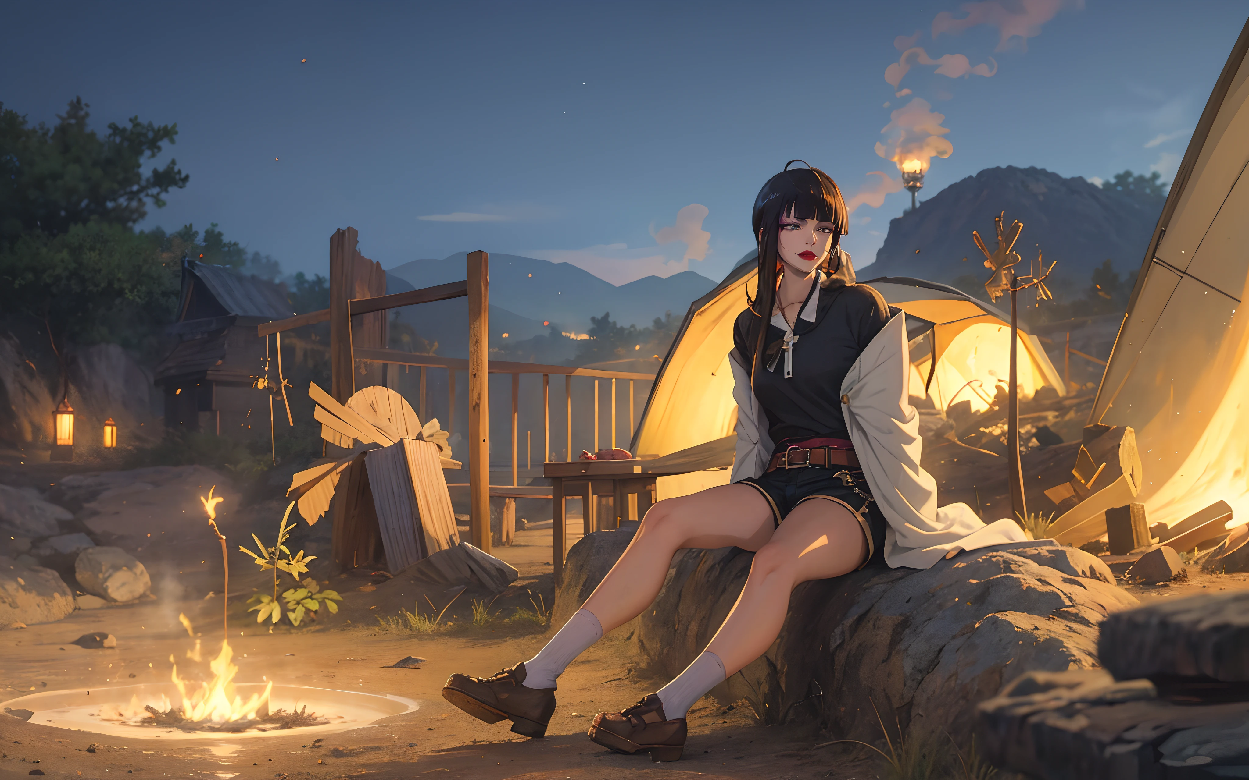 senjumaru shutara, (long hair, bangs, blunt bangs, black hair, sidelocks:1.5), (black eyes:1.5), makeup, lipstick, red lipstick, breasts, epic art, fantasy, sitting, 1girl, outdoors, sky, socks, shoes, black_shirt, solo, white_legwear, shirt, belt, short_sleeves, mountain, shorts, brown_footwear, building, scenery, glow effects, godrays, Hand drawn, render, 8k, octane render, cinema 4d, blender, dark, atmospheric 4k ultra detailed, cinematic, Sharp focus, big depth of field, Masterpiece, colors, 3d octane render, 4k, concept art, trending on artstation, hyperrealistic, Vivid colors, extremely detailed CG unity 8k wallpaper, trending on CGSociety, Intricate, High Detail, dramatic, anime coloring, anime screencap, steaming body, fog, heavy breathing, nsfw art,