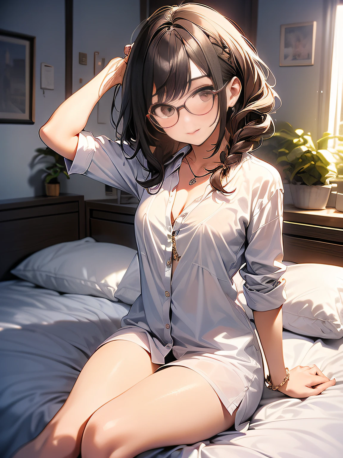 (lie on bed:1.5), Top quality, one beautiful woman, 20 years old, dark brown eyes, ((wearing black pajamas)), 35mm lens, f/1, glasses, braids, black hair, pale skin, small chest, slendar body, morning, window, brownn eyes, shy , smile