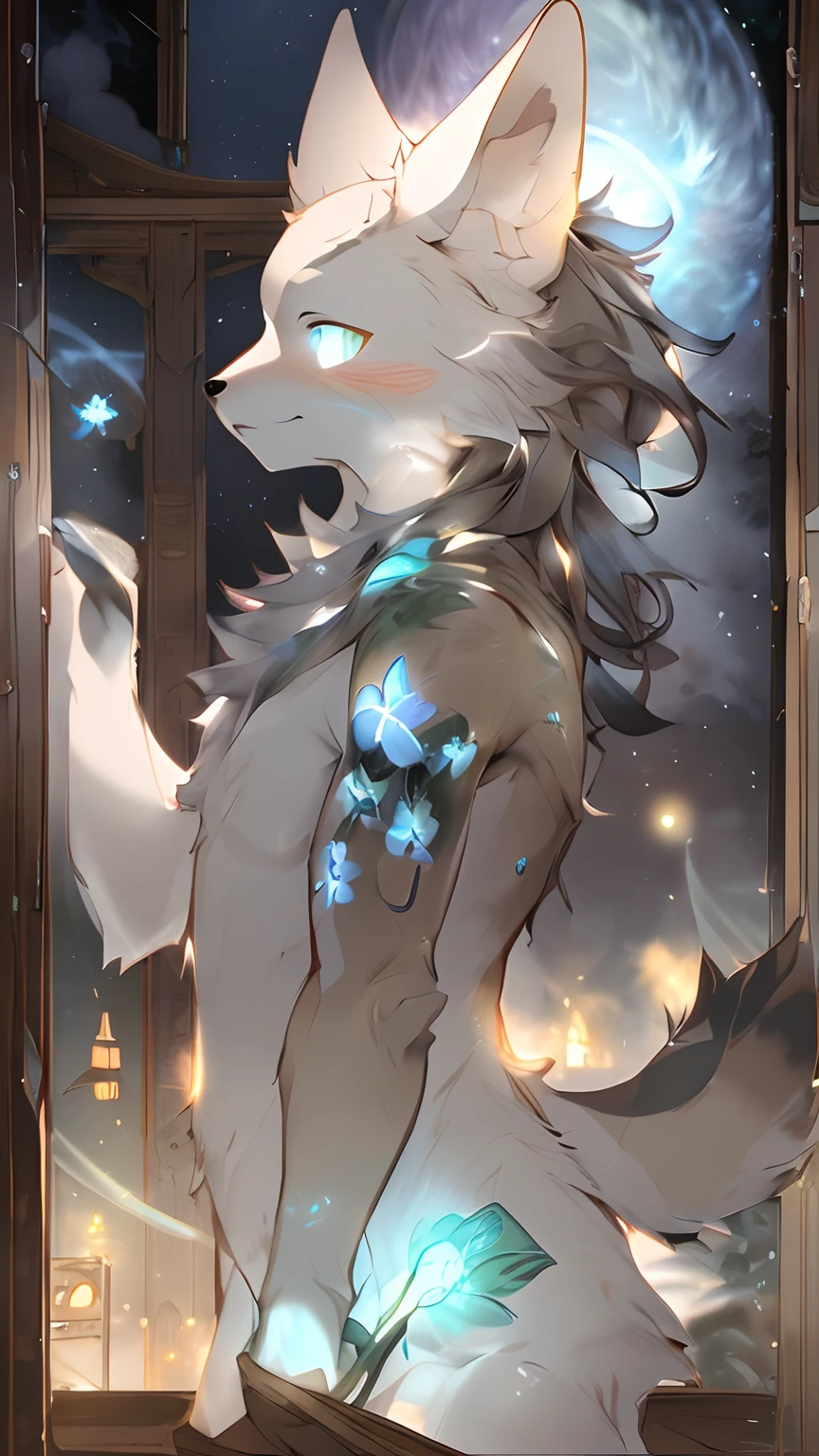 best quality, highres, ultra-detailed,a
realistic prompt, furry kemono boy, Hoodia, black,There is a picture of a blue flower on the shoulder, Standing on the balcony, night, moonlight, silver reflections, soft breeze, contemplative expression, glowing eyes, sleek fur, elegant pose, mysterious atmosphere, urban background, distant city lights, stars sparkling , tranquility, peace, calmness, art nouveau style, deep shadows, delicate color palette, ethereal a glow, masterful brushstrokes, hidden secrets, enchanting beauty, longing for connection, gentle and introspective mood