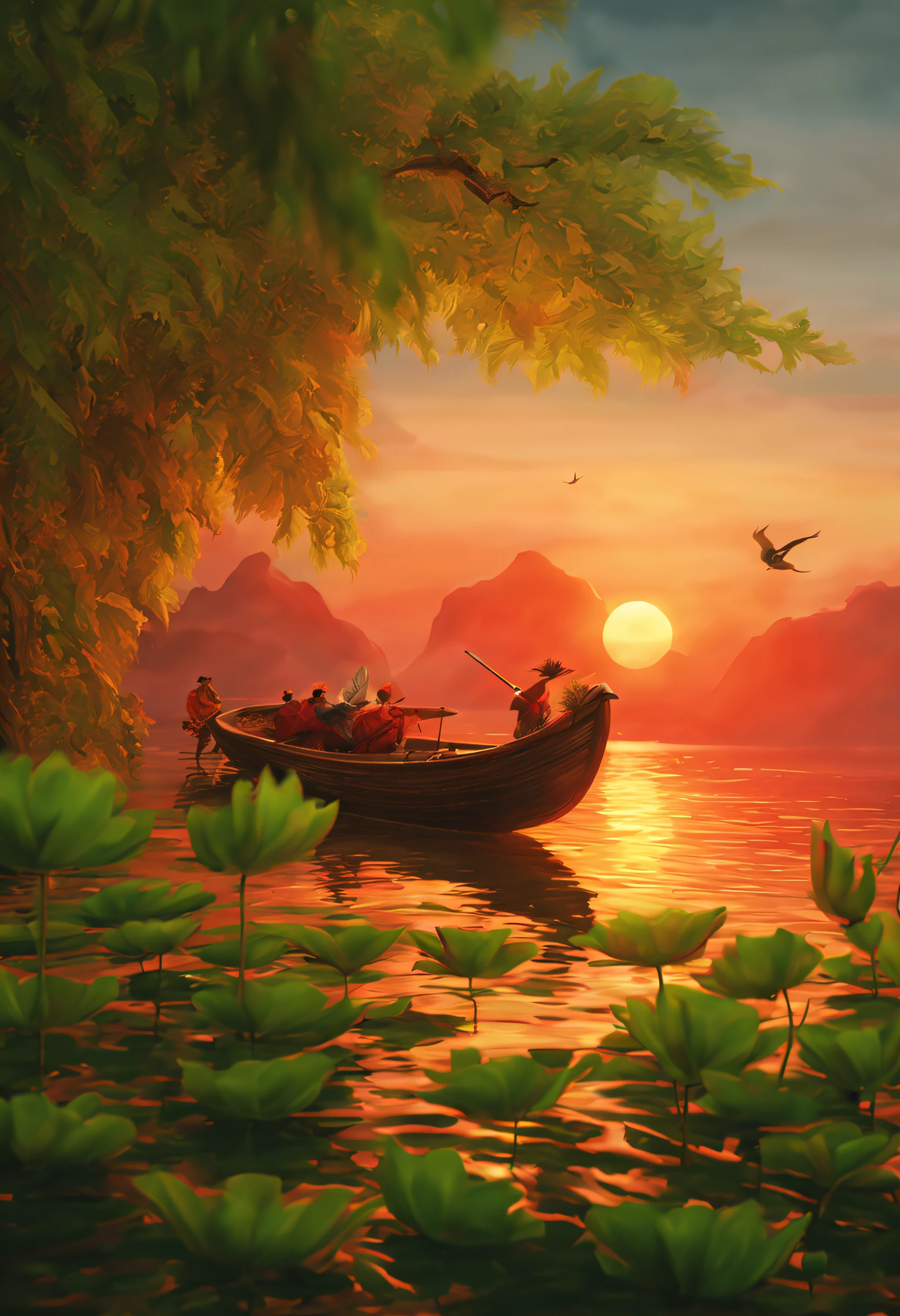green leaf, Sunset and sunset, flying birds, zither, Fiery red phoenix, Quiet, Magnificent, small boats, rococo style, cinematic lighting, modern, Monet, UHD, textured skin, high details, best quality