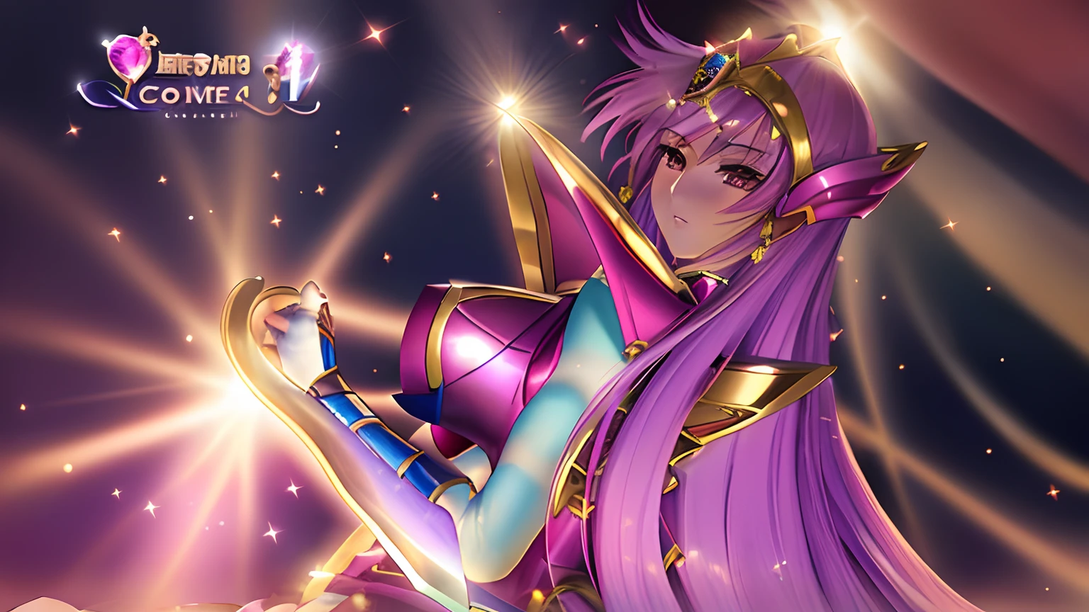 a close up of a woman in a costume with a sword, knights of zodiac girl, portrait knights of zodiac girl, Woman with long purple hair, Brown-eyed woman, anime goddess, rei hino as a princess, Muscular woman, feminine and muscular, Shining ruby armor, oppai,  huge tit, with large breasts, ((a beautiful fantasy empress)), Enchanting Queen Night, Dressed in light armor, Dress Armor Lady, Galactic Queen, Crystal Ruby Armor, Hymn of the King as a Princess, High quality anime art style, smooth anime cg art, Queen Night, digital manga art, magical girl anime mahou shojo, Ruby Princess, Ruby reflective armor,