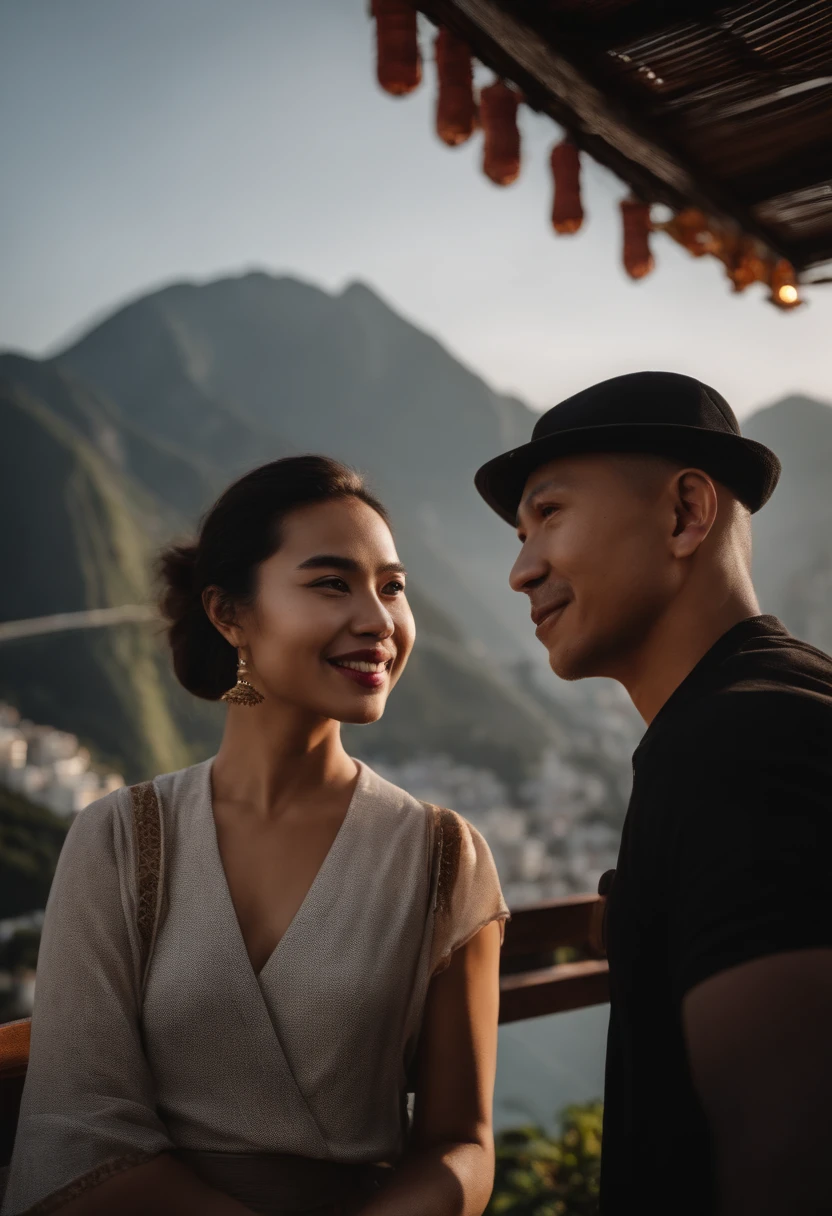 There was a selfie with a Chinese man and woman together，Rio de janeiro，The background is mountains --auto