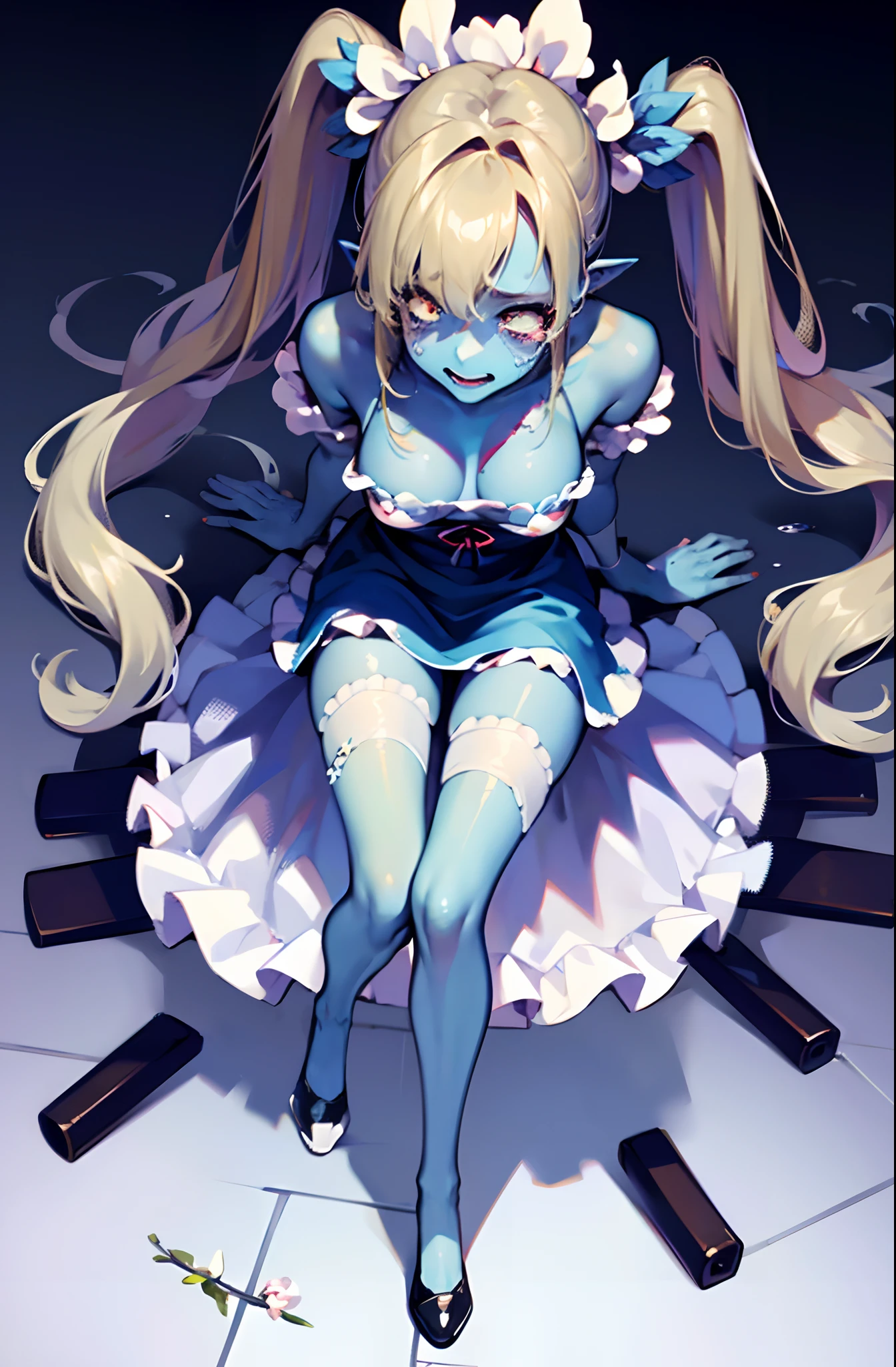 [sfw],masutepiece, Best Quality, High resolution,Solo,1girl in, Full body, Description Girls, detail hands,Detail fingers, Detail Face,cute face,detail legs, overdetailed art, Fine details,[zombie girl],extra arms,weapon,grave yard,crying,tear,bloody,[[pale blue skin]],long hair,spring dress