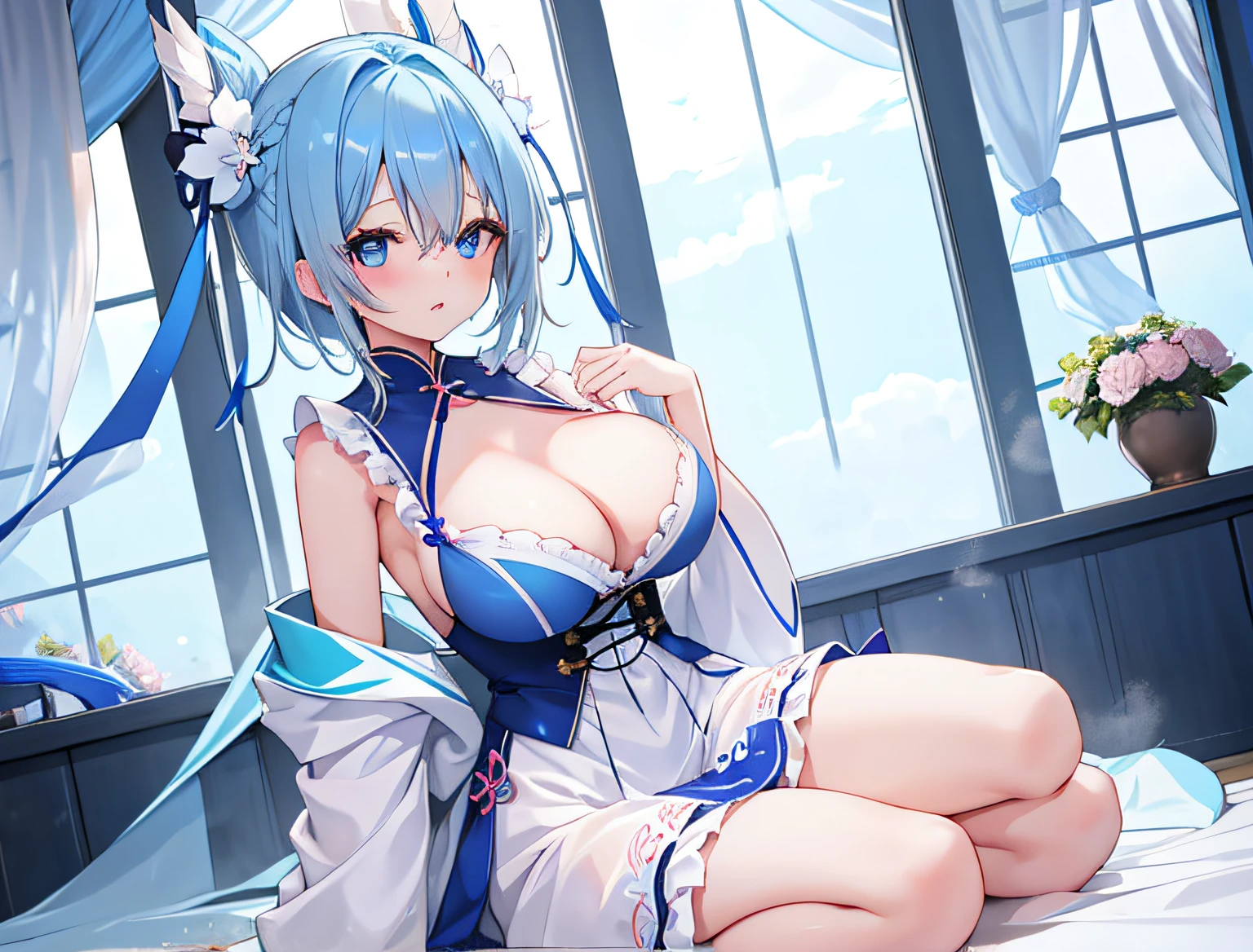 1girl in、独奏、blue hairs、shorth hair、blue eyess、large full breasts、cleavage of the breast、Full body view、sullenness、frontage