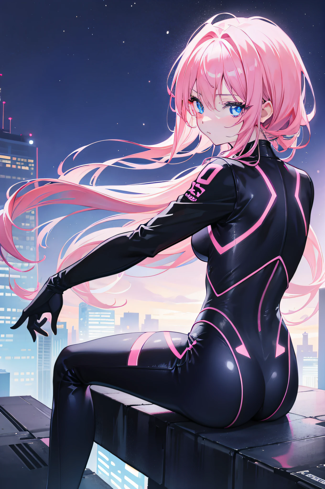 Girl with pink hair, Bright blue eyes, Black skinsuit, Looking back at you, Sitting on the edge of a skyscraper, Neon lights below.